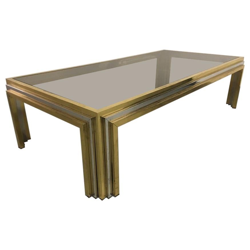 Large Romeo Rega Brass, Chrome and Tinted Glass Coffee Table, Italy, 1970s For Sale