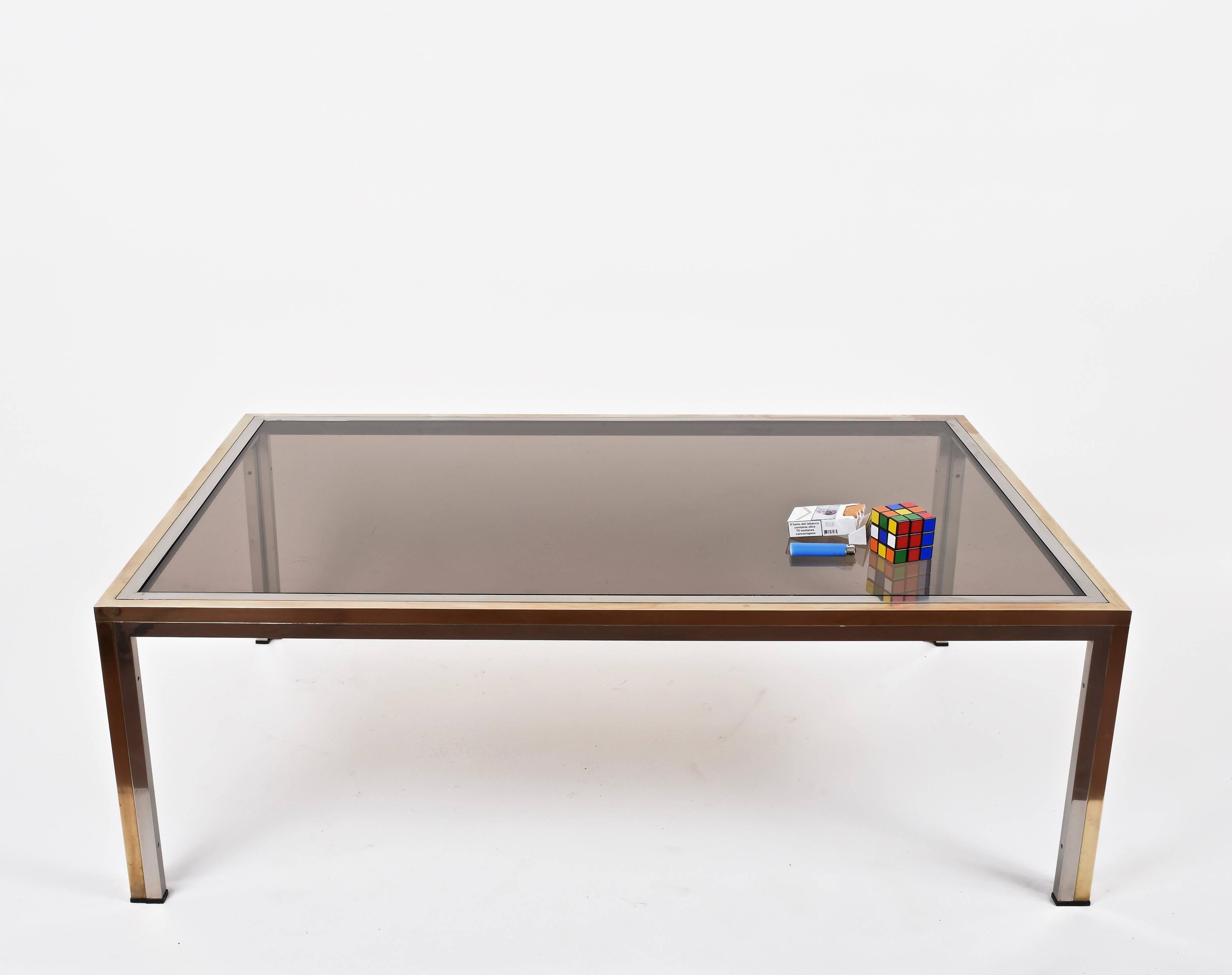 Mid-Century Modern Romeo Rega style Coffee Table in Brass and Chrome, Smoked Glass, Italy, 1970s