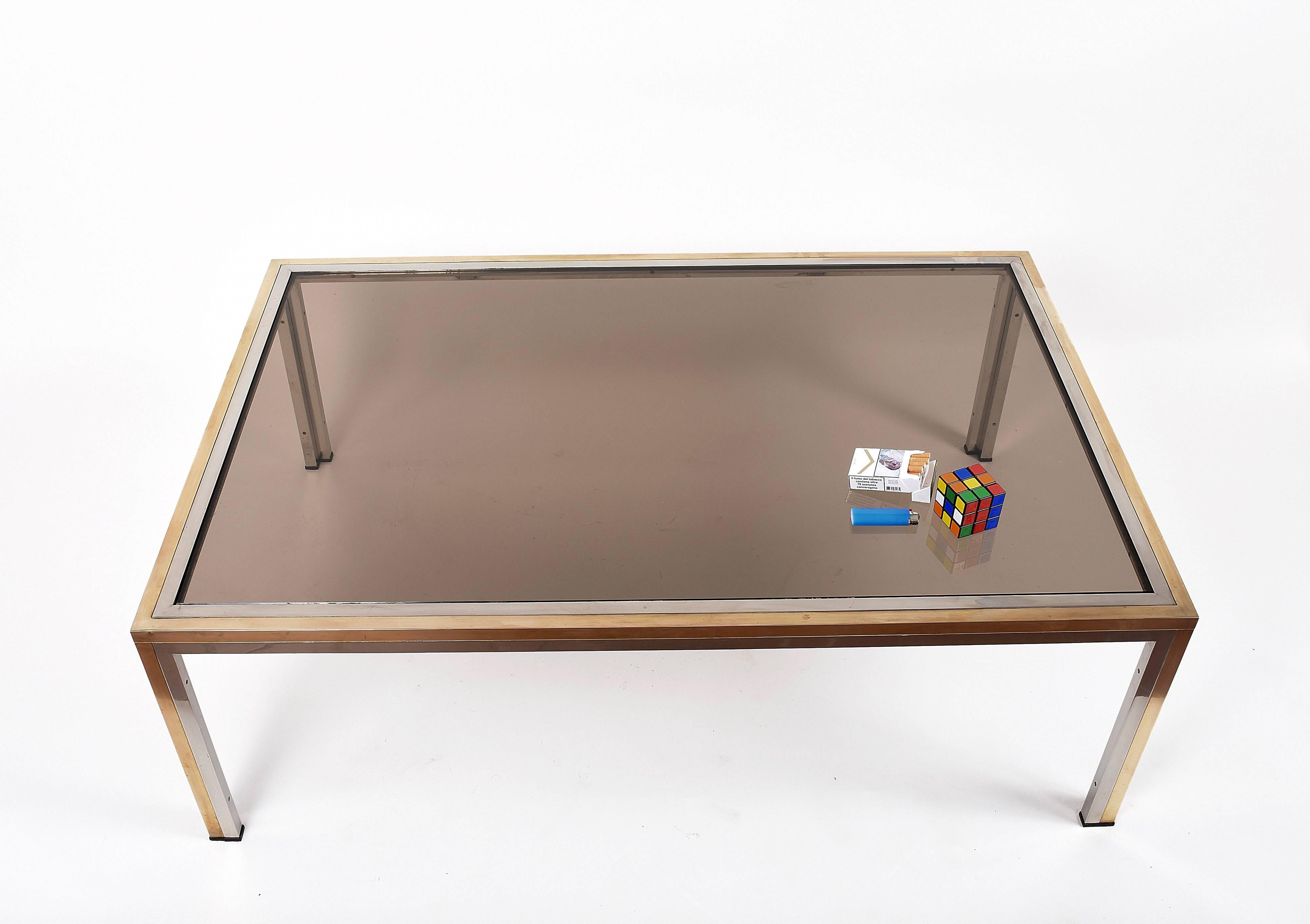 Romeo Rega style Coffee Table in Brass and Chrome, Smoked Glass, Italy, 1970s 1