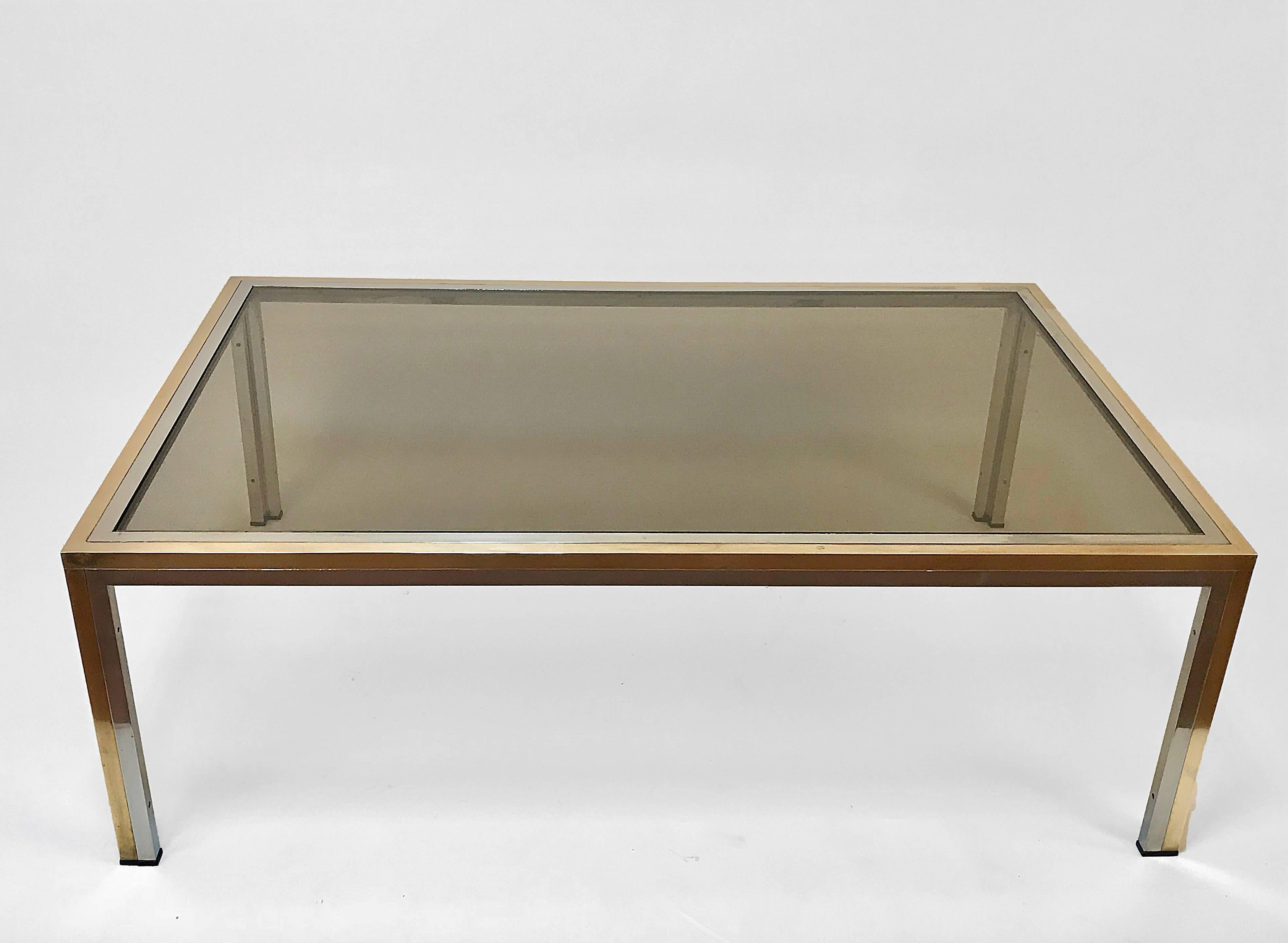 Romeo Rega style Coffee Table in Brass and Chrome, Smoked Glass, Italy, 1970s 2