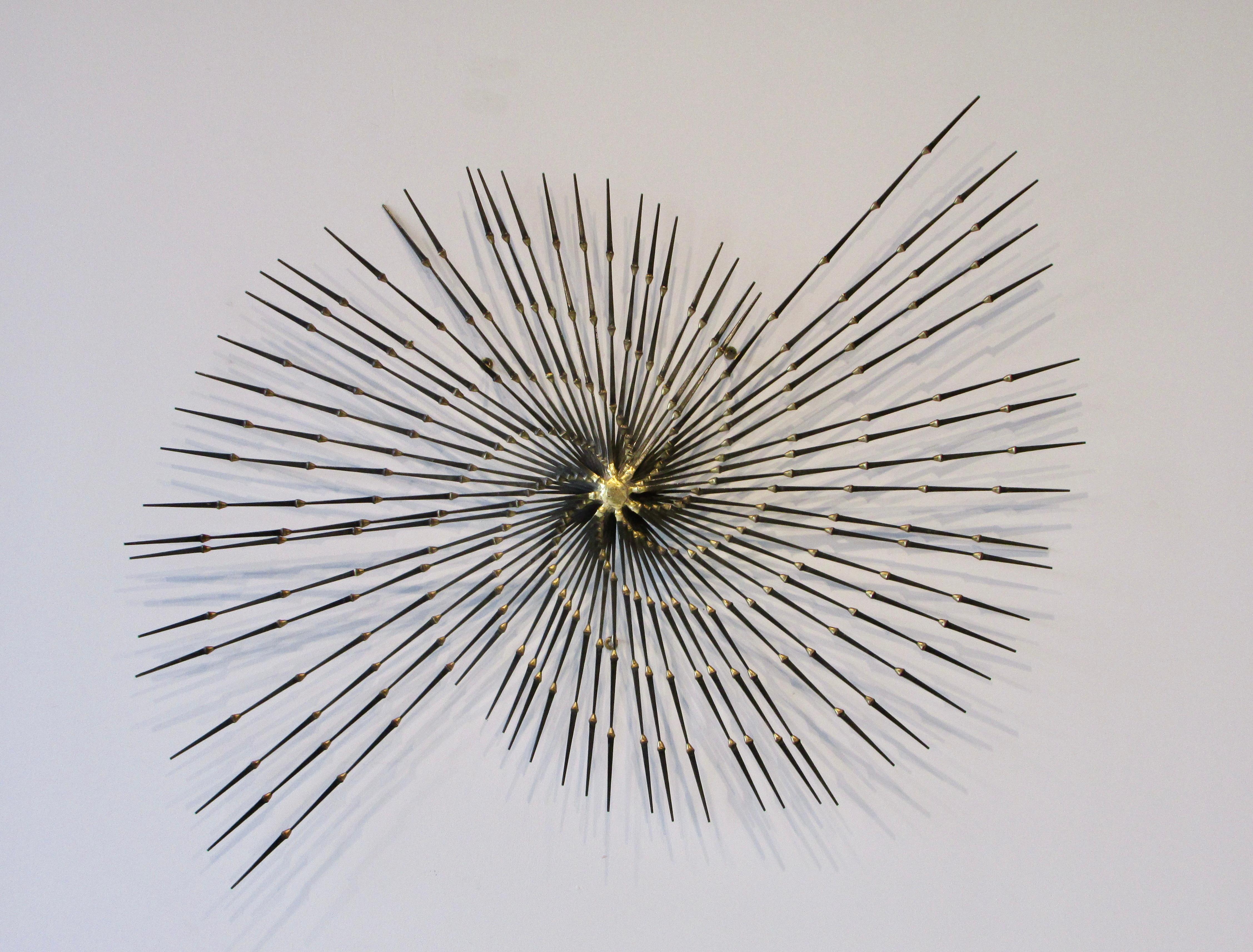 Large Ron Schmidt Brass Welded Brutalist Spike Nail Wall Sculpture For Sale 1