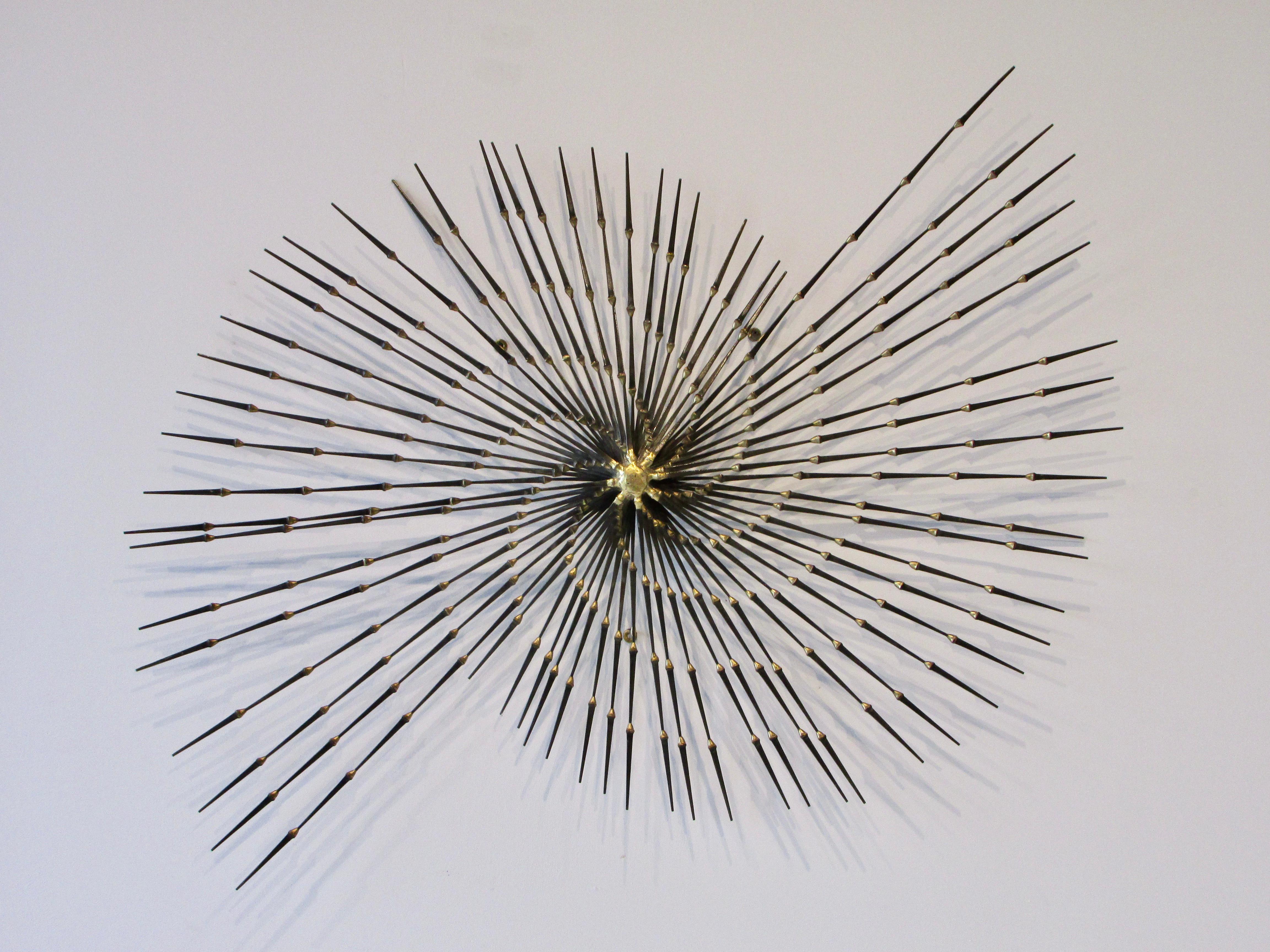 Large Ron Schmidt Brass Welded Brutalist Spike Nail Wall Sculpture In Good Condition For Sale In Ferndale, MI