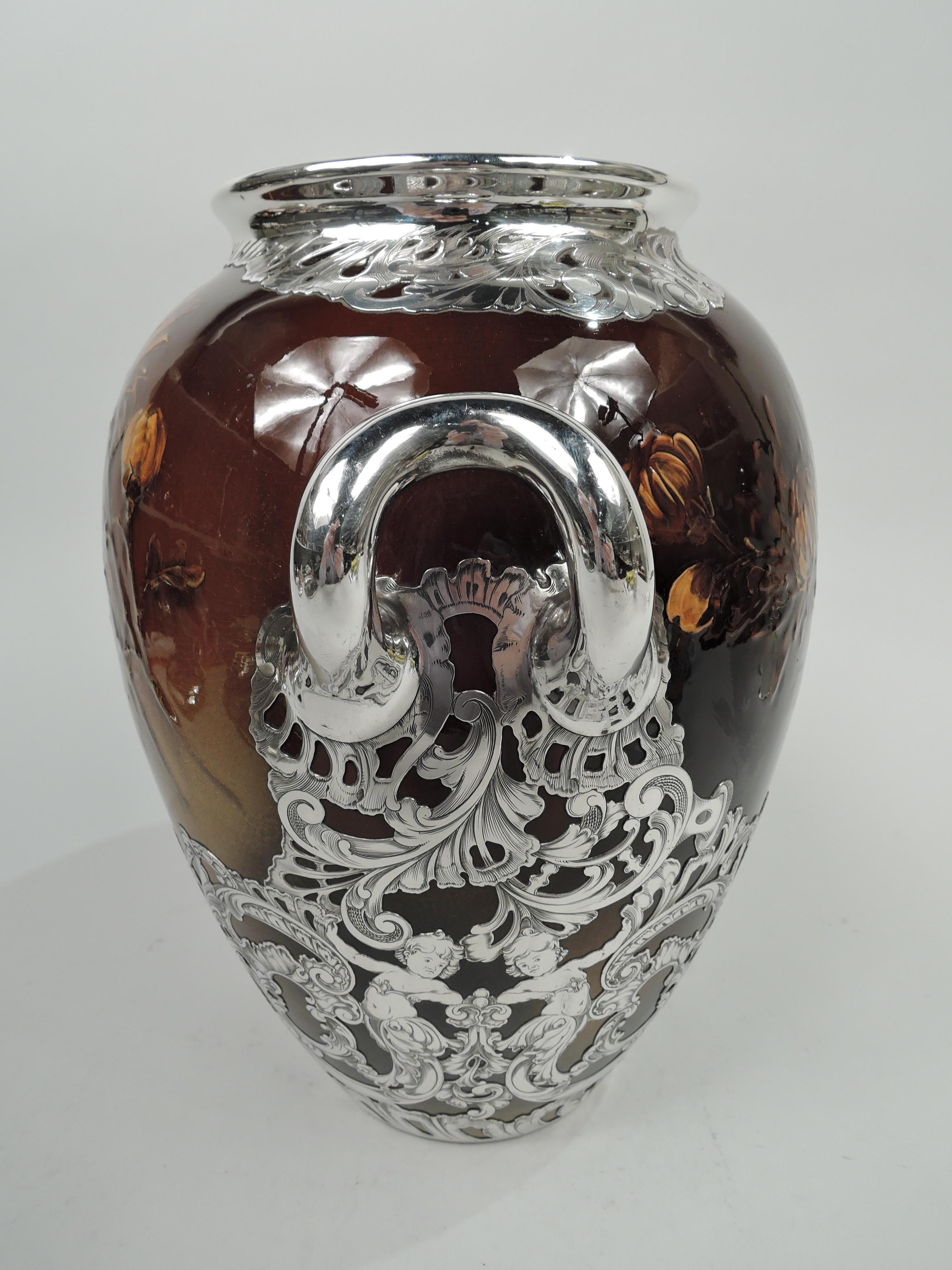 American Large Rookwood Art Nouveau Craftsman Silver Overlay Urn Vase