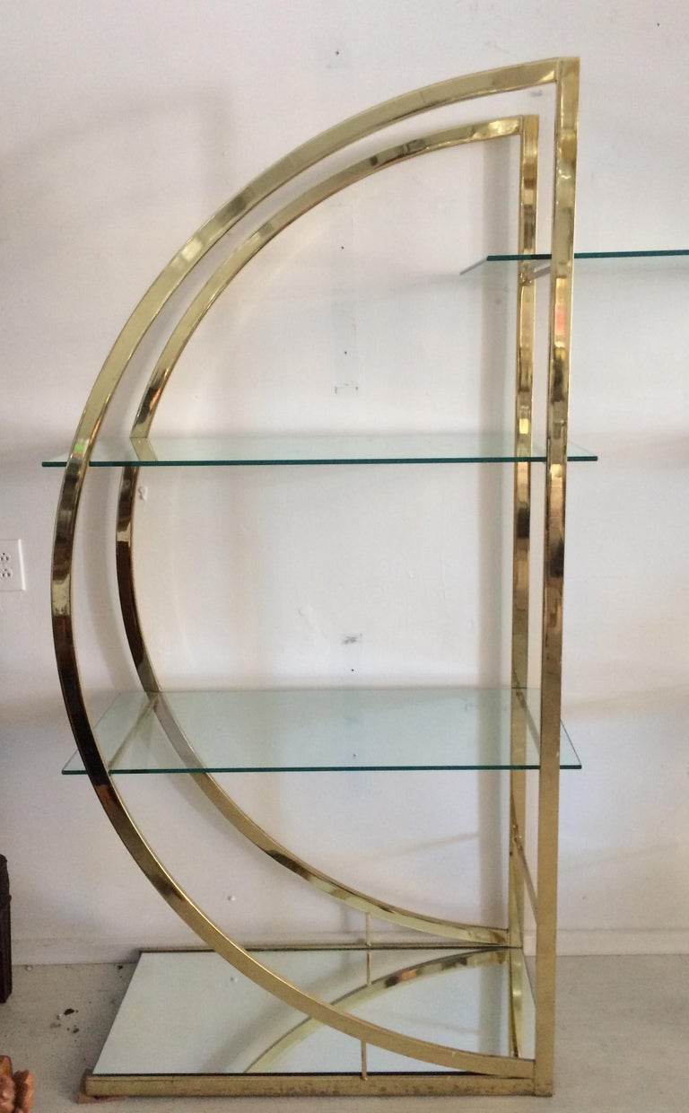 Large Room Divider Display Shelf Brass Tone Metal with Glass Shelves