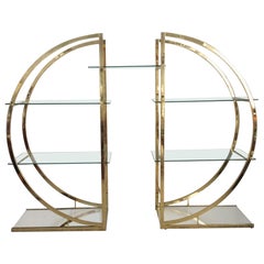 Large Room Divider Display Shelf Brass Tone Metal with Glass Shelves