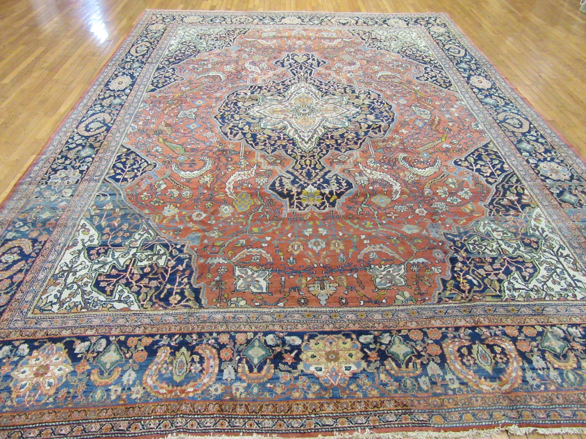Hand-Knotted Large Room Size Antique Hand Knotted Wool Persian Sarouk Farahan Rug For Sale