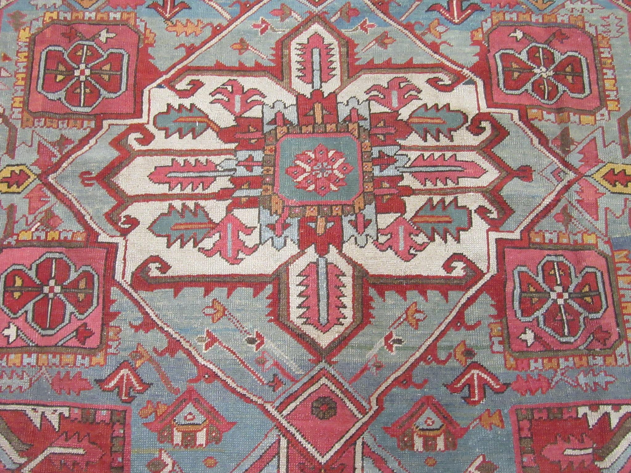 Wool Large Room Size Antique Hand Knotted wool Red Teal and Gold Persian Serapi Rug For Sale