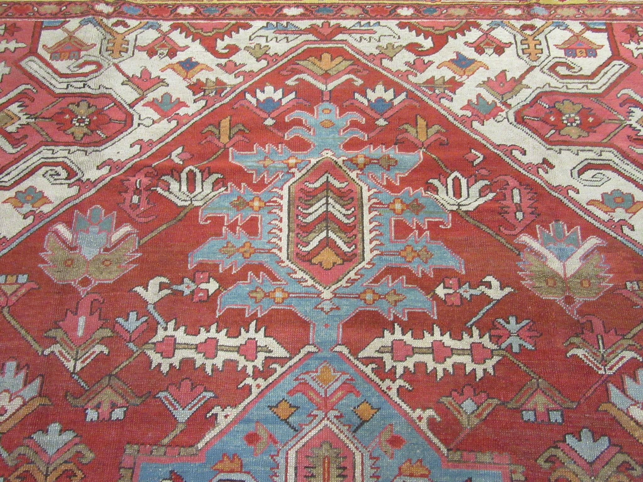 Large Room Size Antique Hand Knotted wool Red Teal and Gold Persian Serapi Rug For Sale 3