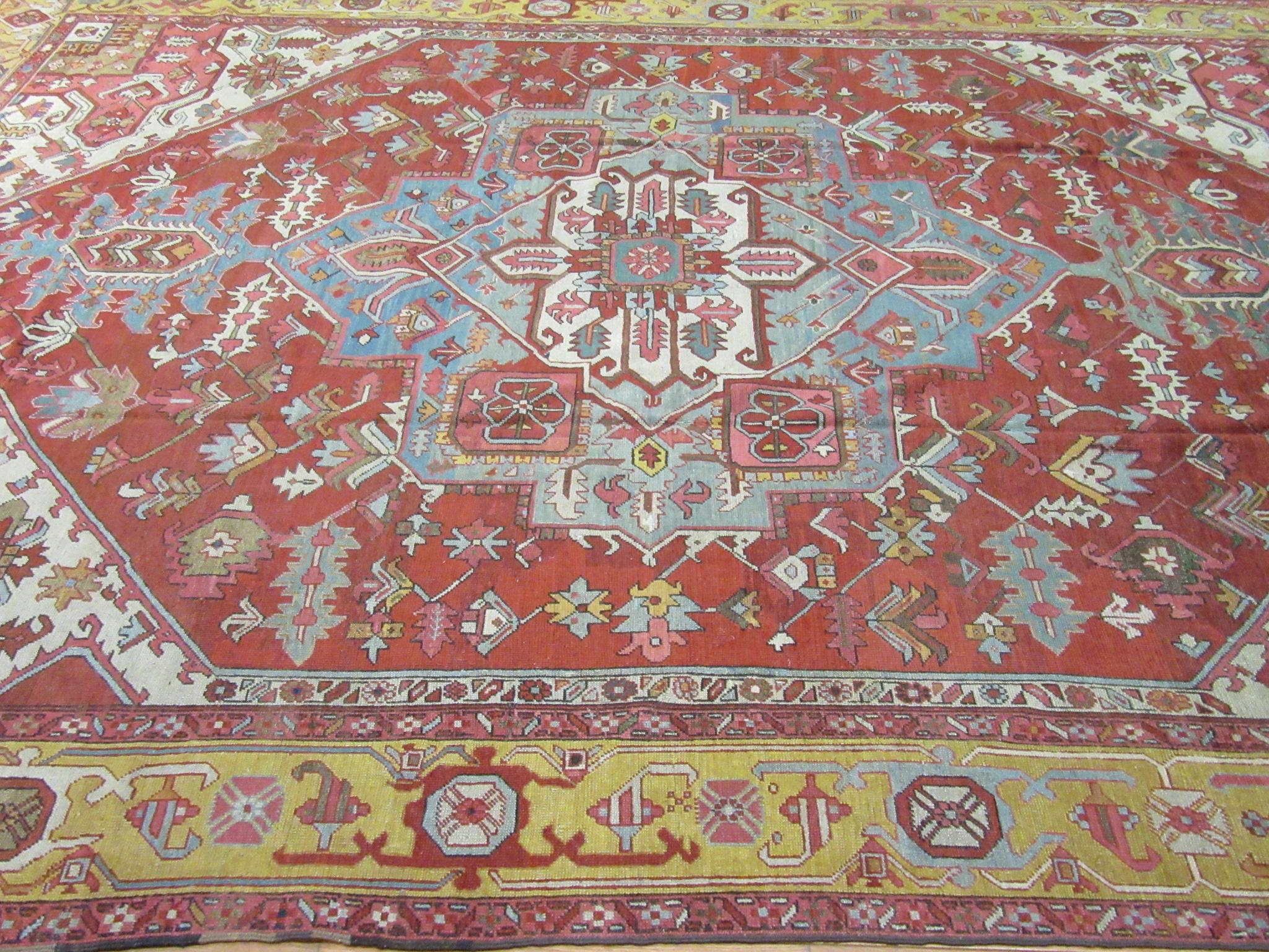 Large Room Size Antique Hand Knotted wool Red Teal and Gold Persian Serapi Rug For Sale 5