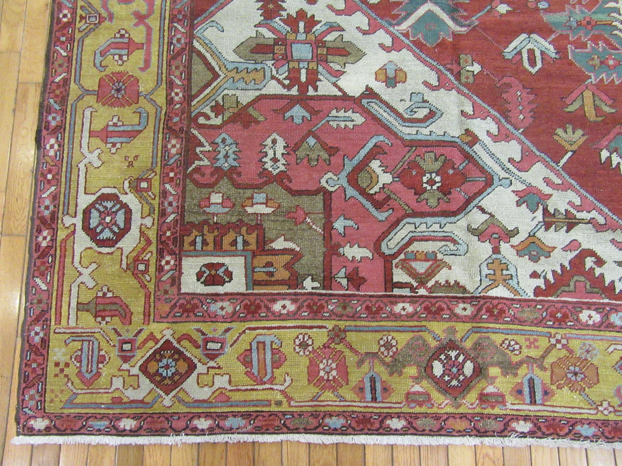 Large Room Size Antique Hand Knotted wool Red Teal and Gold Persian Serapi Rug In Excellent Condition For Sale In Atlanta, GA