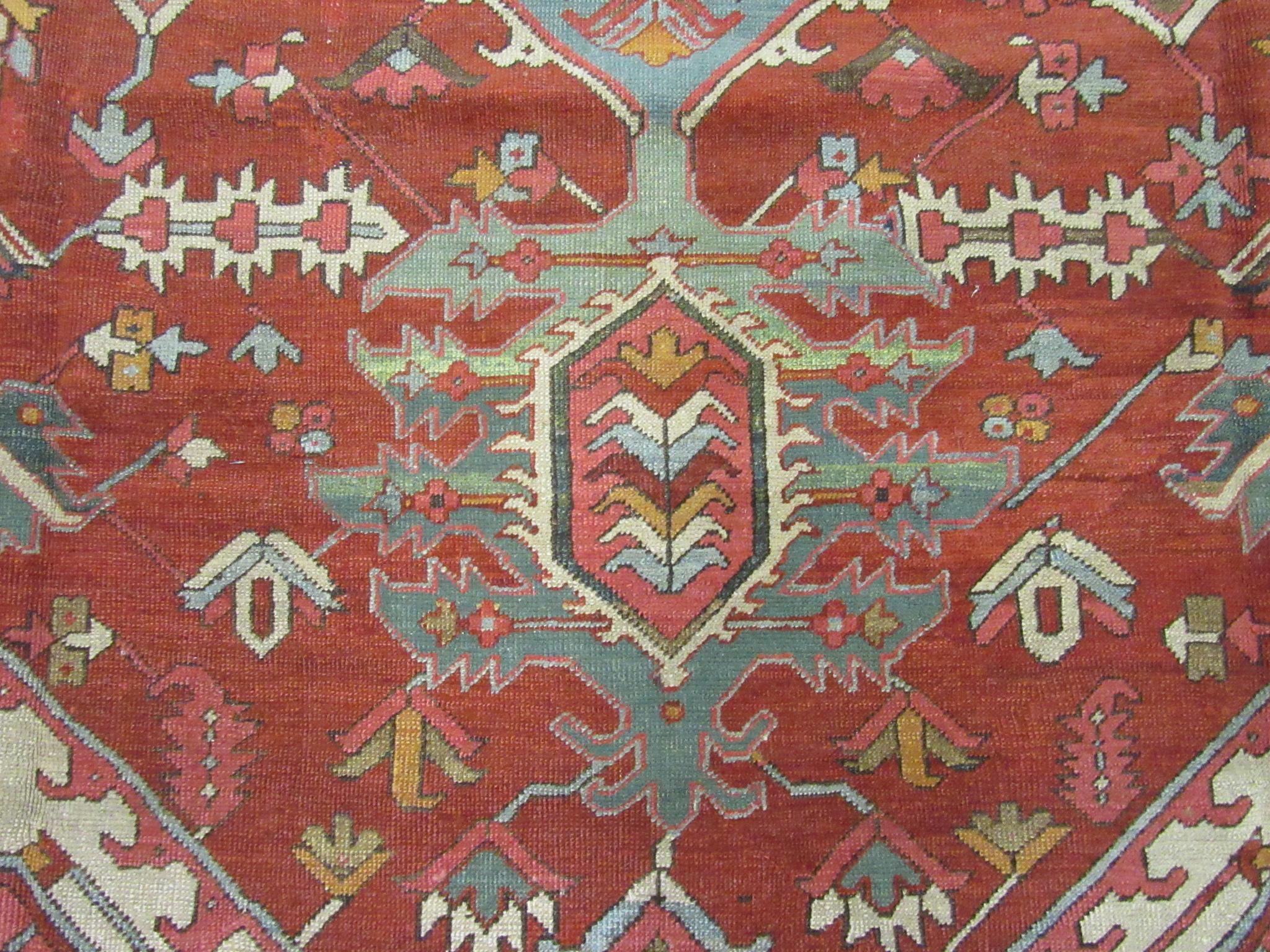 20th Century Large Room Size Antique Hand Knotted wool Red Teal and Gold Persian Serapi Rug For Sale