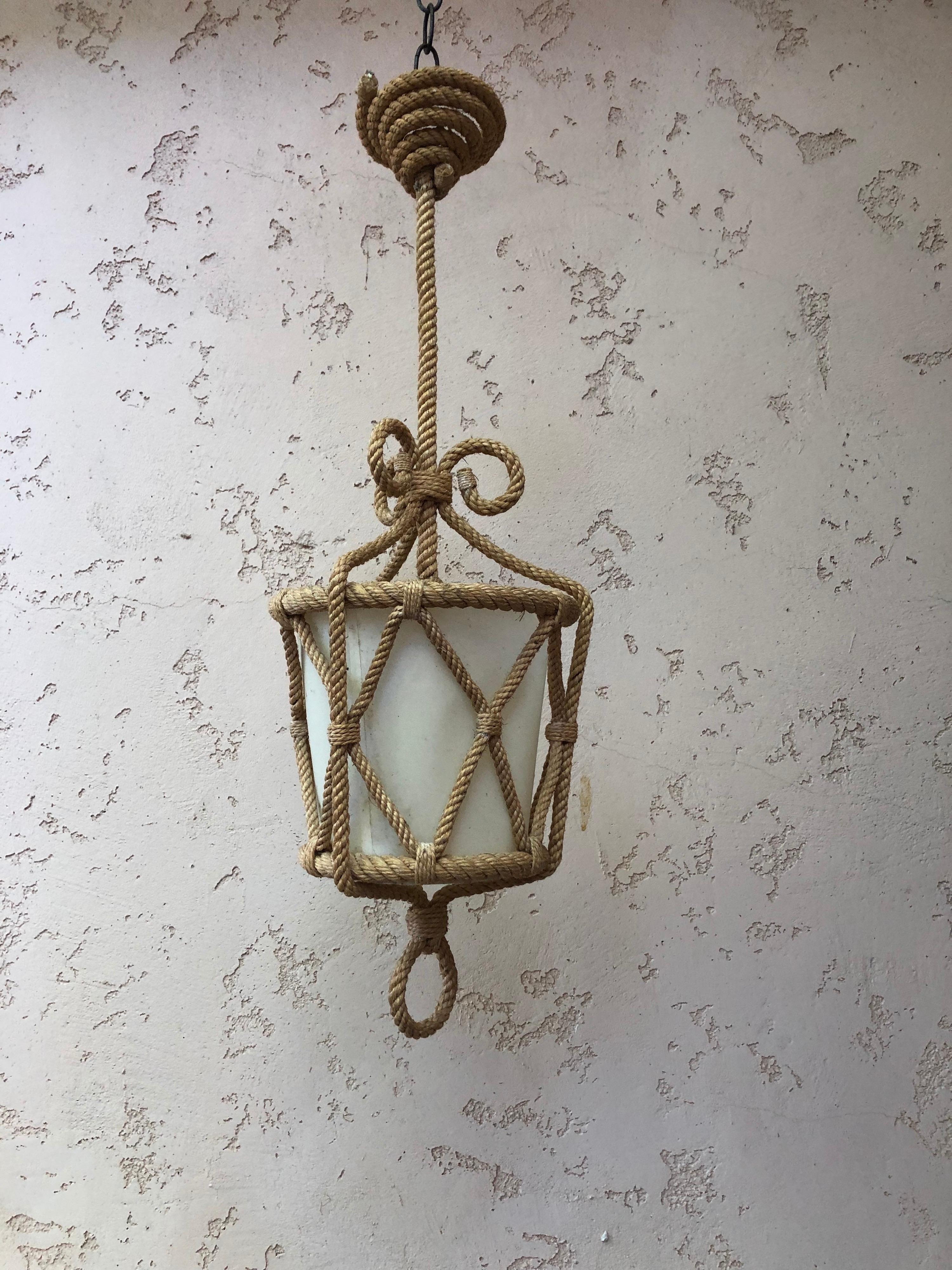Rare large large rope lantern chandelier pendant Audoux Minet.
Measures: Total height / 29 inches.
Lantern height / 19.5 inches.
Diameter / 9.5 inches.