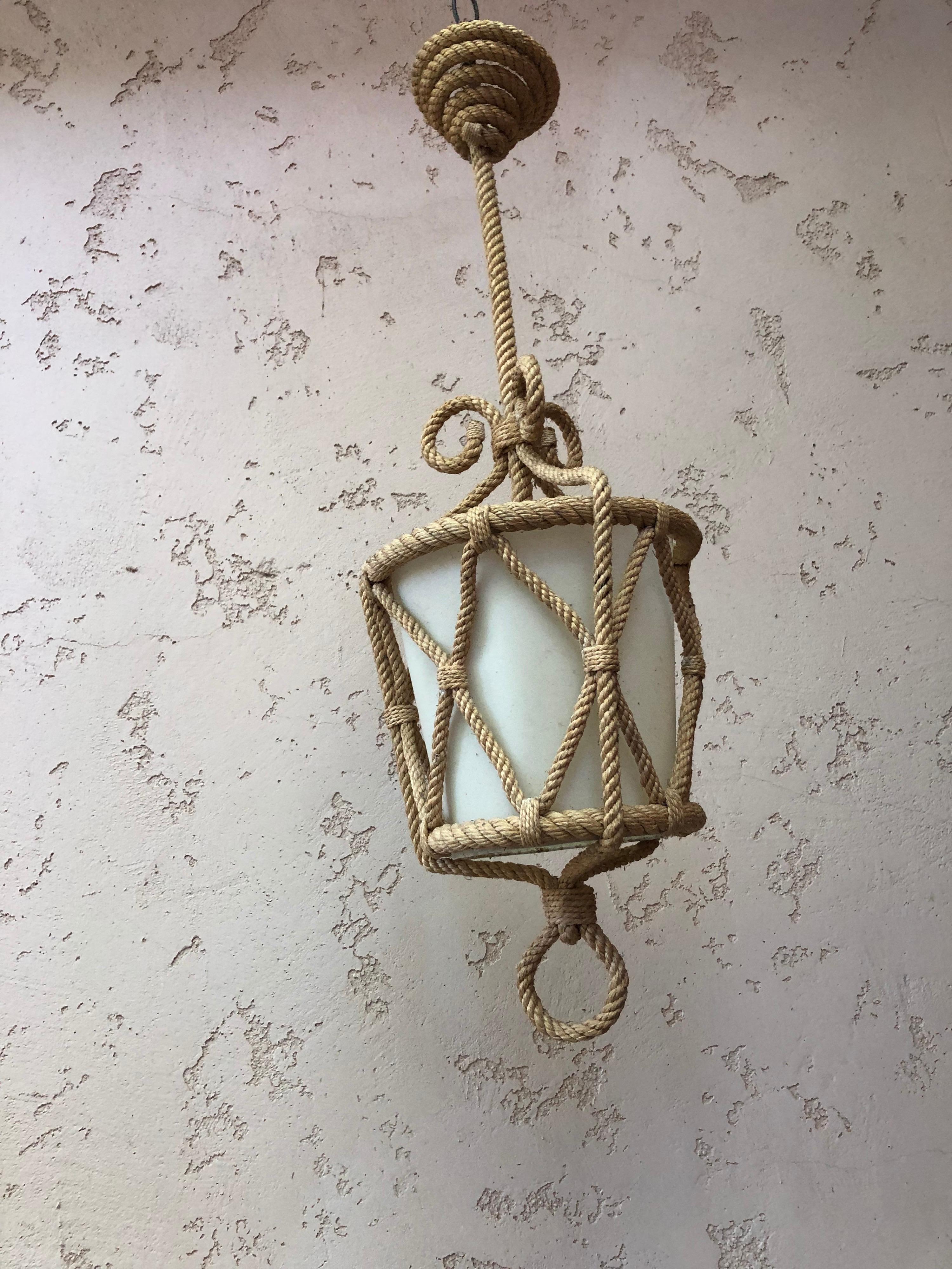 French Large Rope Lantern Chandelier Audoux Minet, Circa 1960