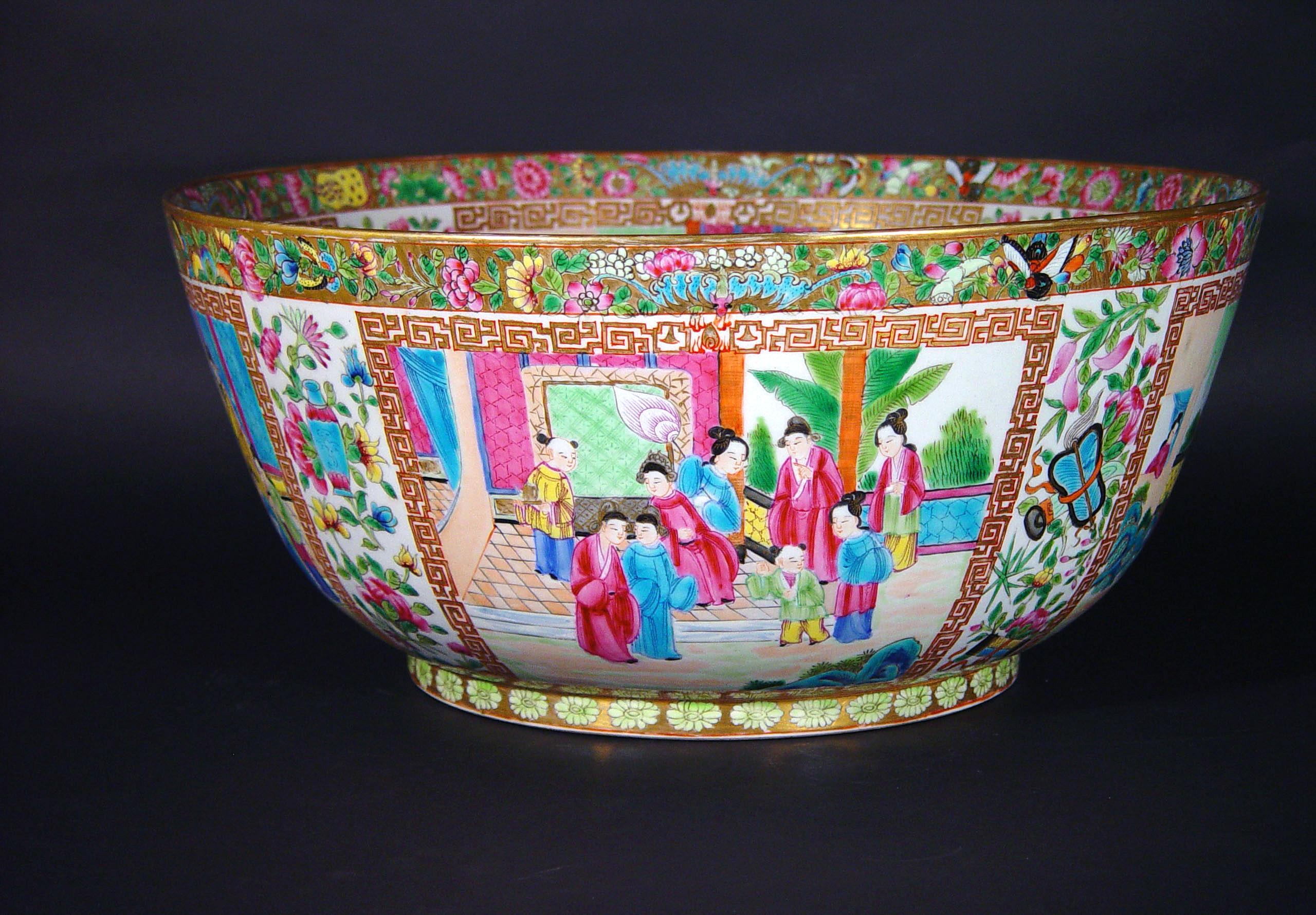 Massive Rose Canton Porcelain Punch bowl,
Edme Samson et Cie, Paris,
circa 1880

The massive beautiful bowl with unusual steep sides is painted all-over in a rose canton Famille rose design. The outside has five large panels painted with garden