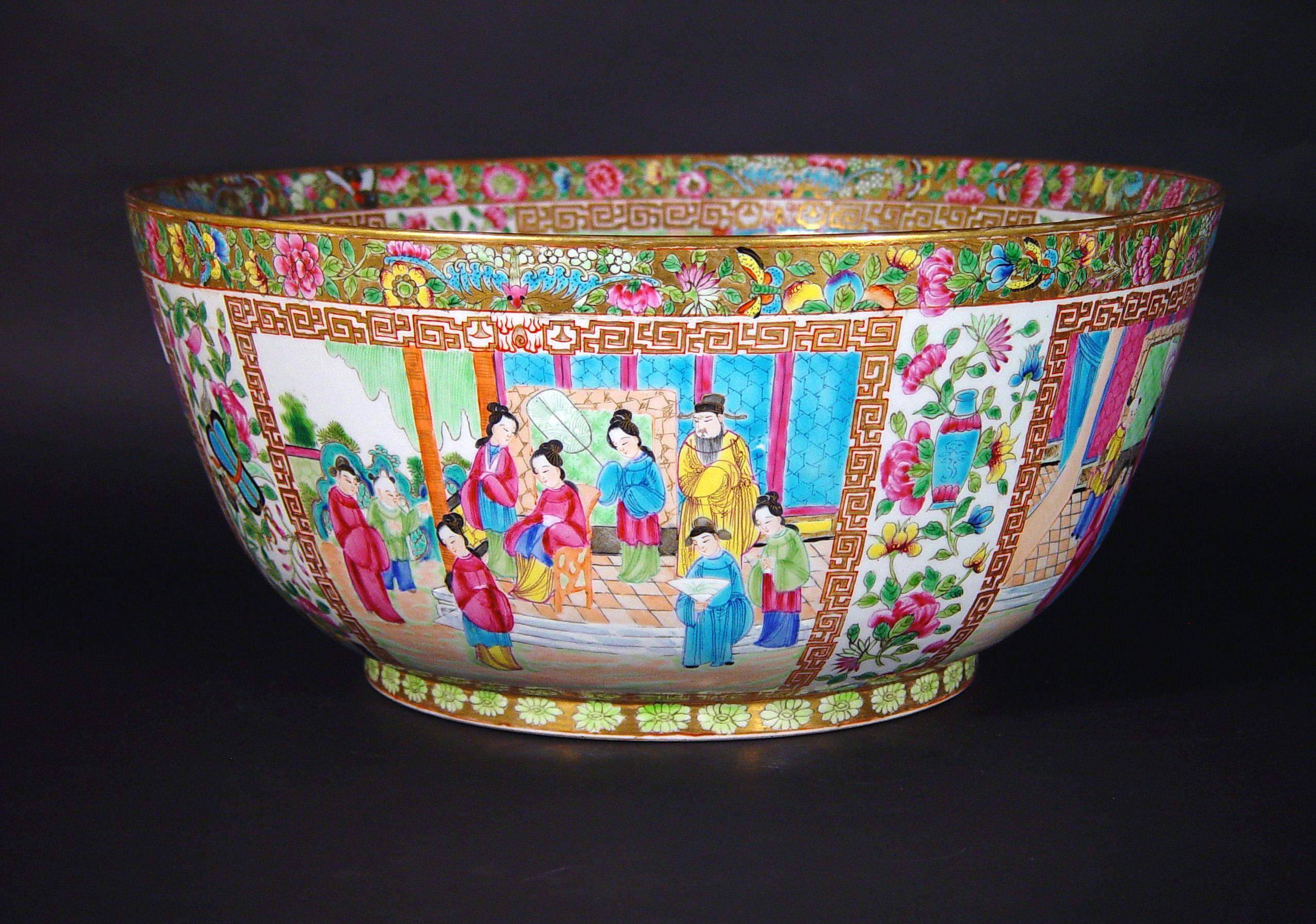 19th Century Large Rose Canton Porcelain Punch Bowl, Edmé Samson et Cie, Paris For Sale