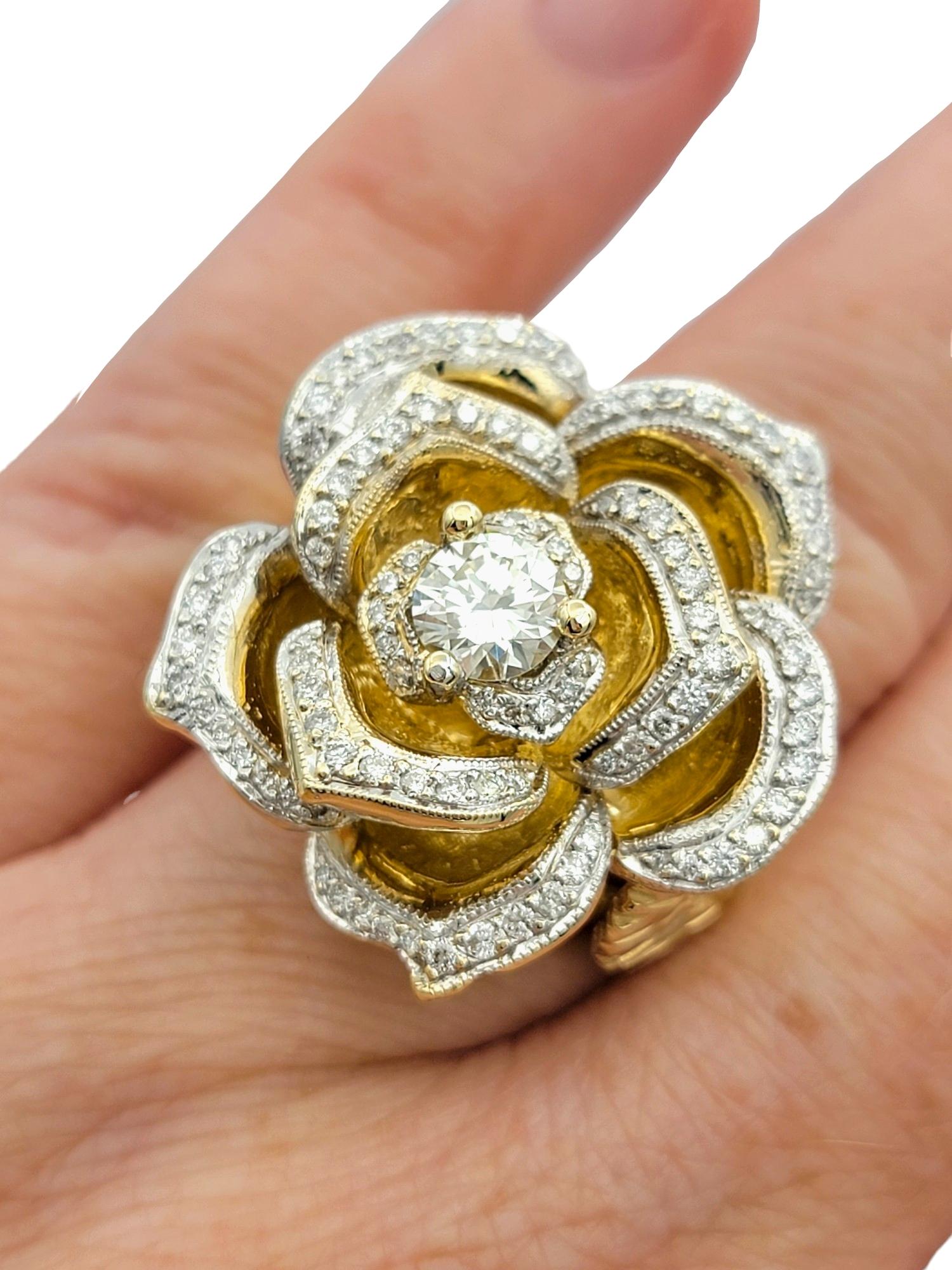Large Rose Design Cocktail Ring with Diamonds in 14 Karat Yellow and White Gold For Sale 4