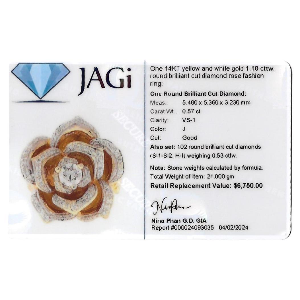 Large Rose Design Cocktail Ring with Diamonds in 14 Karat Yellow and White Gold For Sale 7
