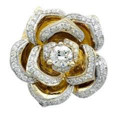 Diamond Rose Motif Cocktail Ring with Textured Leaf Shank Two Tone 14 Karat Gold
