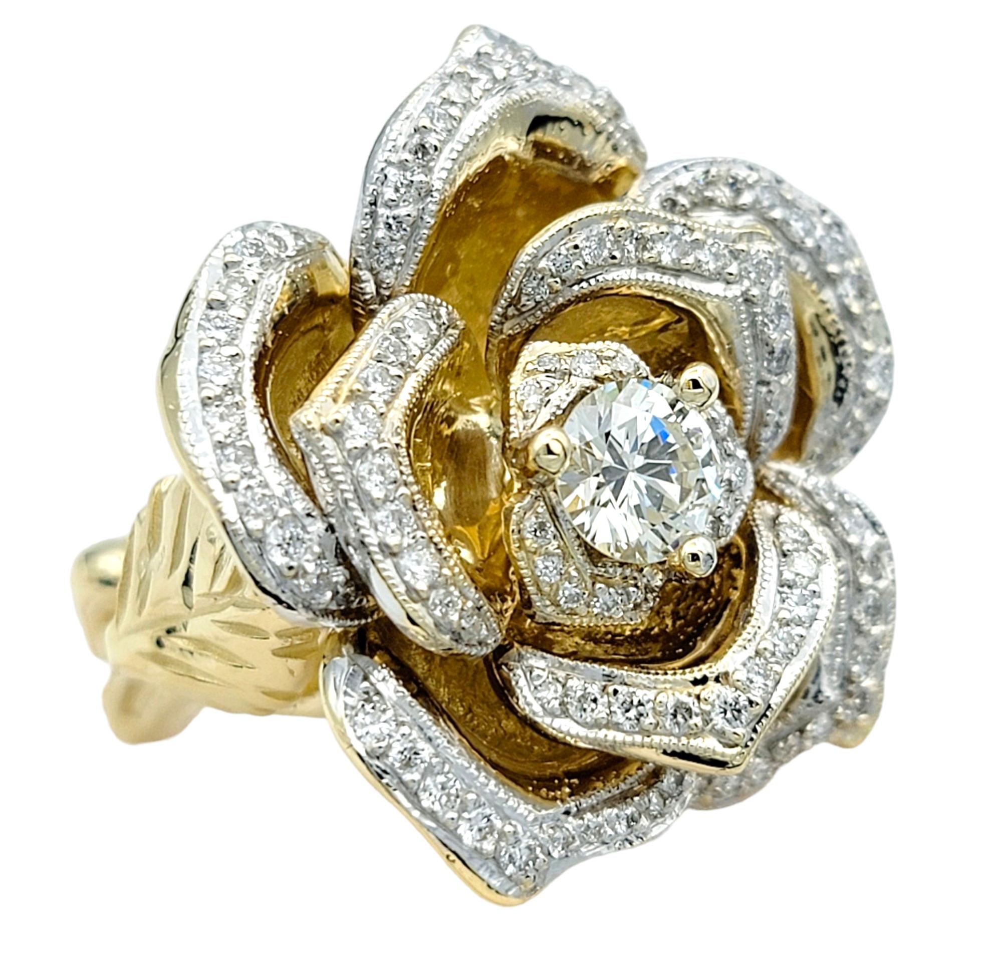 Contemporary Large Rose Design Cocktail Ring with Diamonds in 14 Karat Yellow and White Gold For Sale