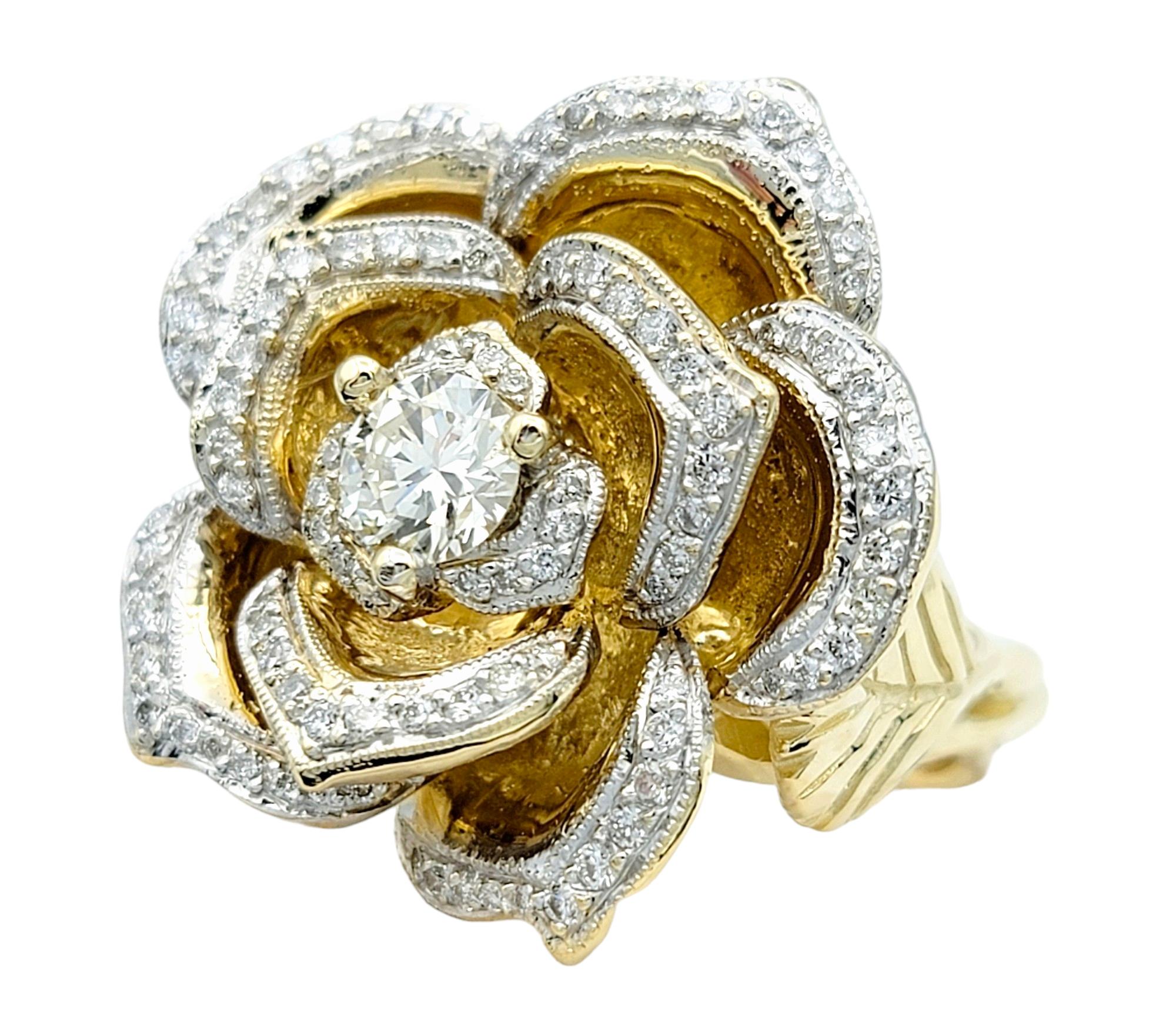 Round Cut Large Rose Design Cocktail Ring with Diamonds in 14 Karat Yellow and White Gold For Sale