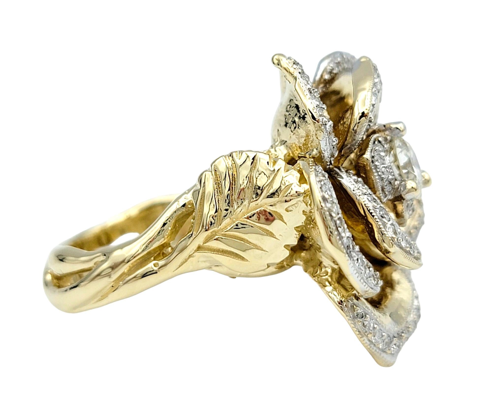 Large Rose Design Cocktail Ring with Diamonds in 14 Karat Yellow and White Gold In Good Condition For Sale In Scottsdale, AZ