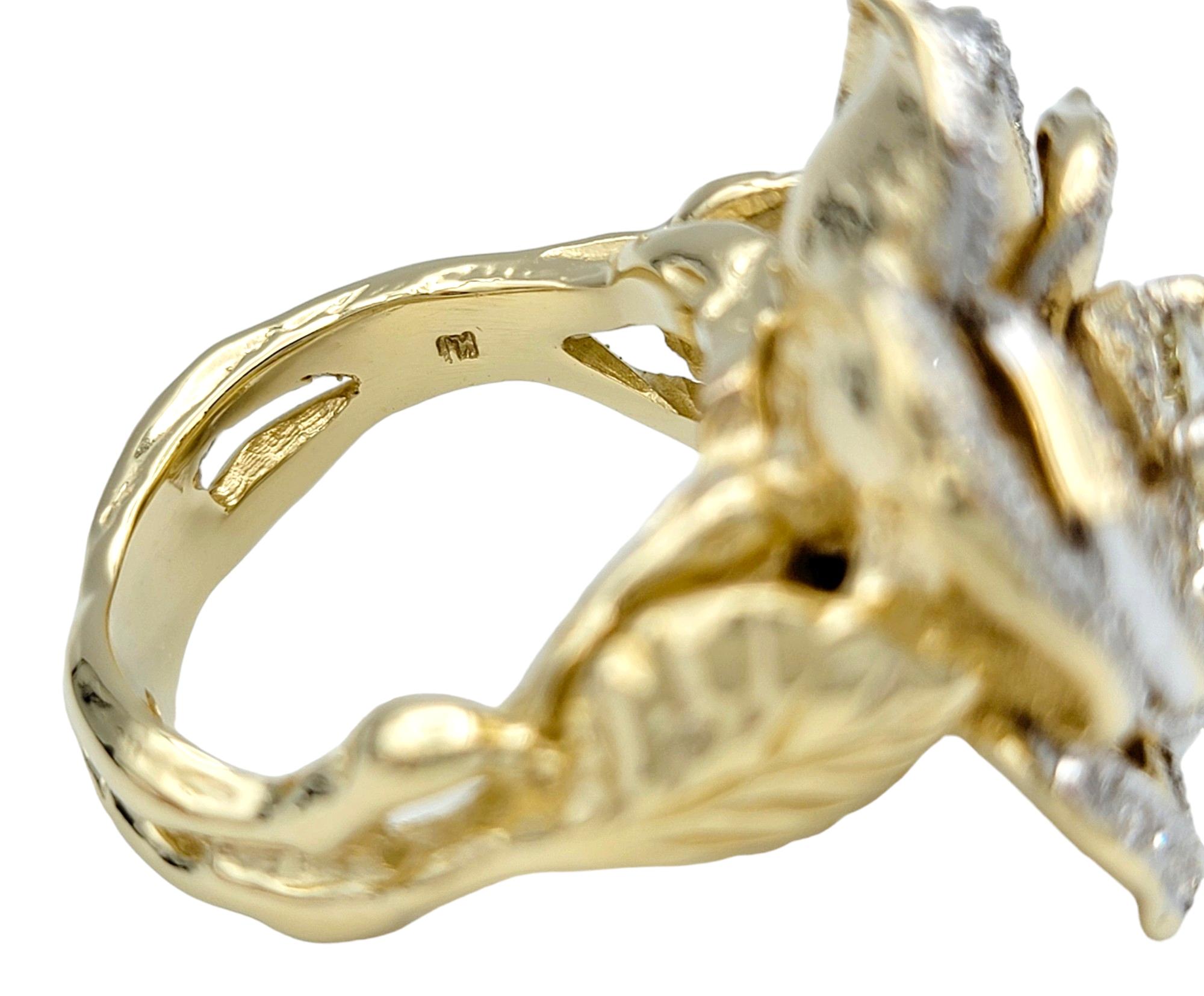 Women's Large Rose Design Cocktail Ring with Diamonds in 14 Karat Yellow and White Gold For Sale