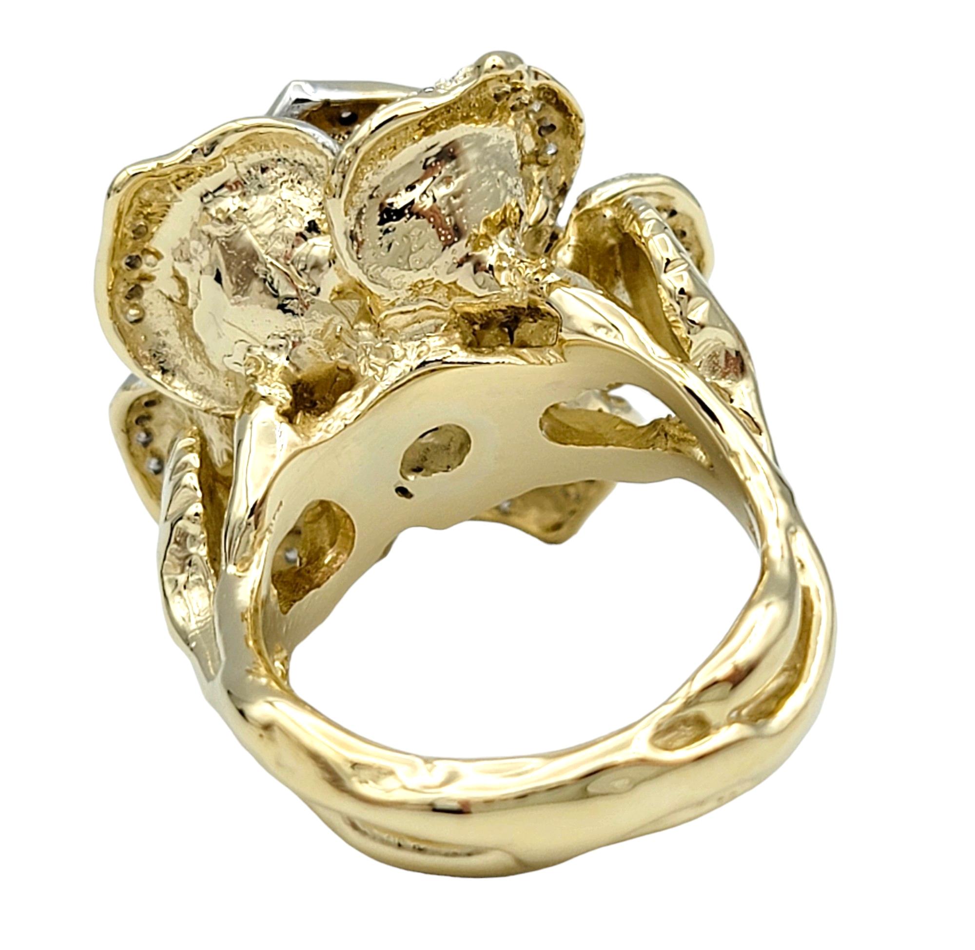 Large Rose Design Cocktail Ring with Diamonds in 14 Karat Yellow and White Gold For Sale 1