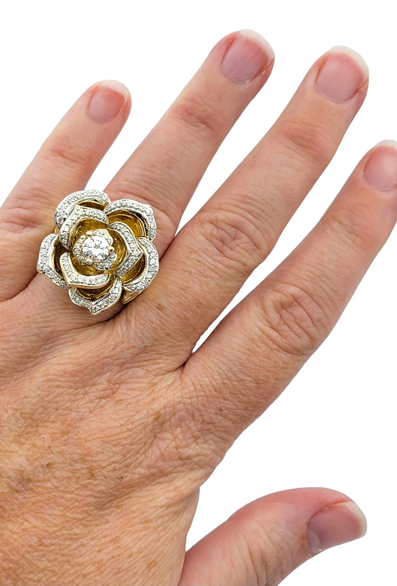 Large Rose Design Cocktail Ring with Diamonds in 14 Karat Yellow and White Gold For Sale 3