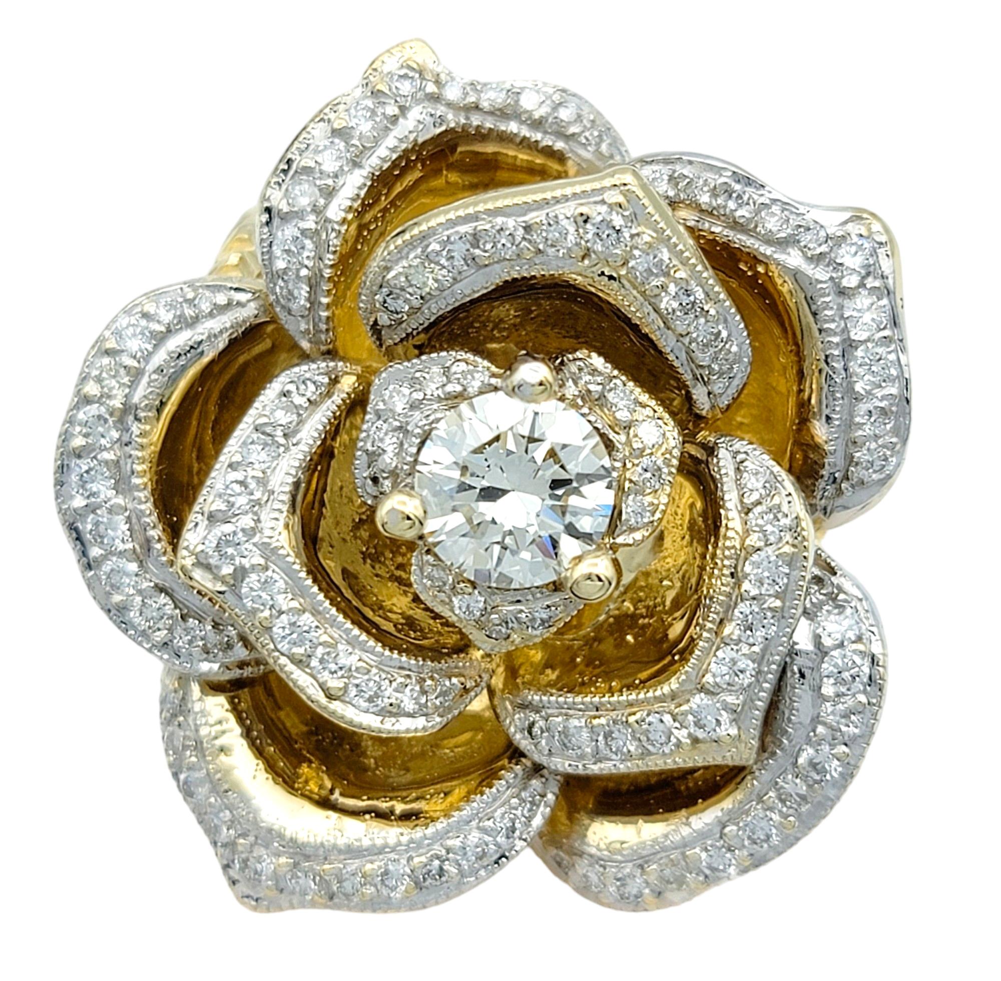 Large Rose Design Cocktail Ring with Diamonds in 14 Karat Yellow and White Gold For Sale