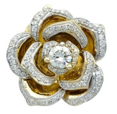 Large Rose Design Cocktail Ring with Diamonds in 14 Karat Yellow and White Gold