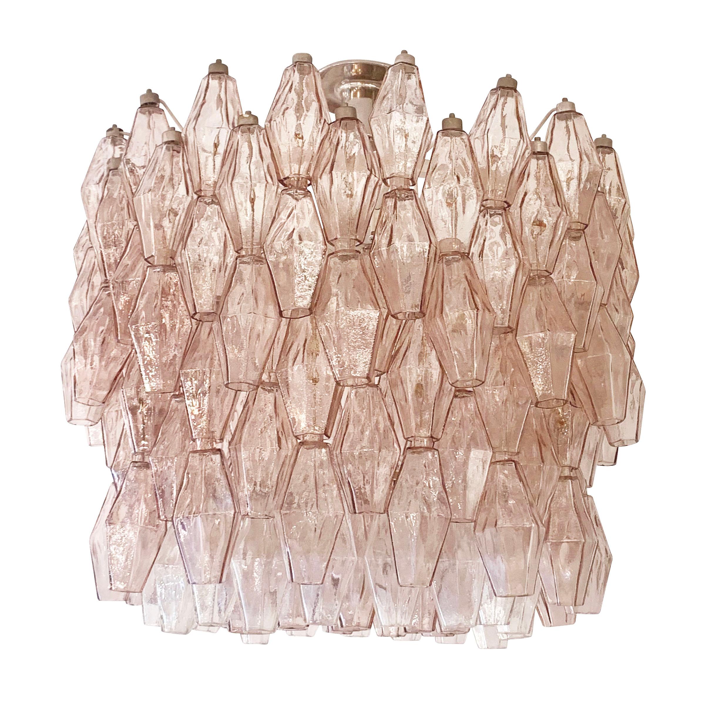 Mid-Century Modern Large Rose Glass Venini Poliedri Chandelier, Italy, 1960s For Sale