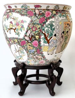 Large Rose Medallion Chinese Porcelain Goldfish Fishbowl Planter & Stand
