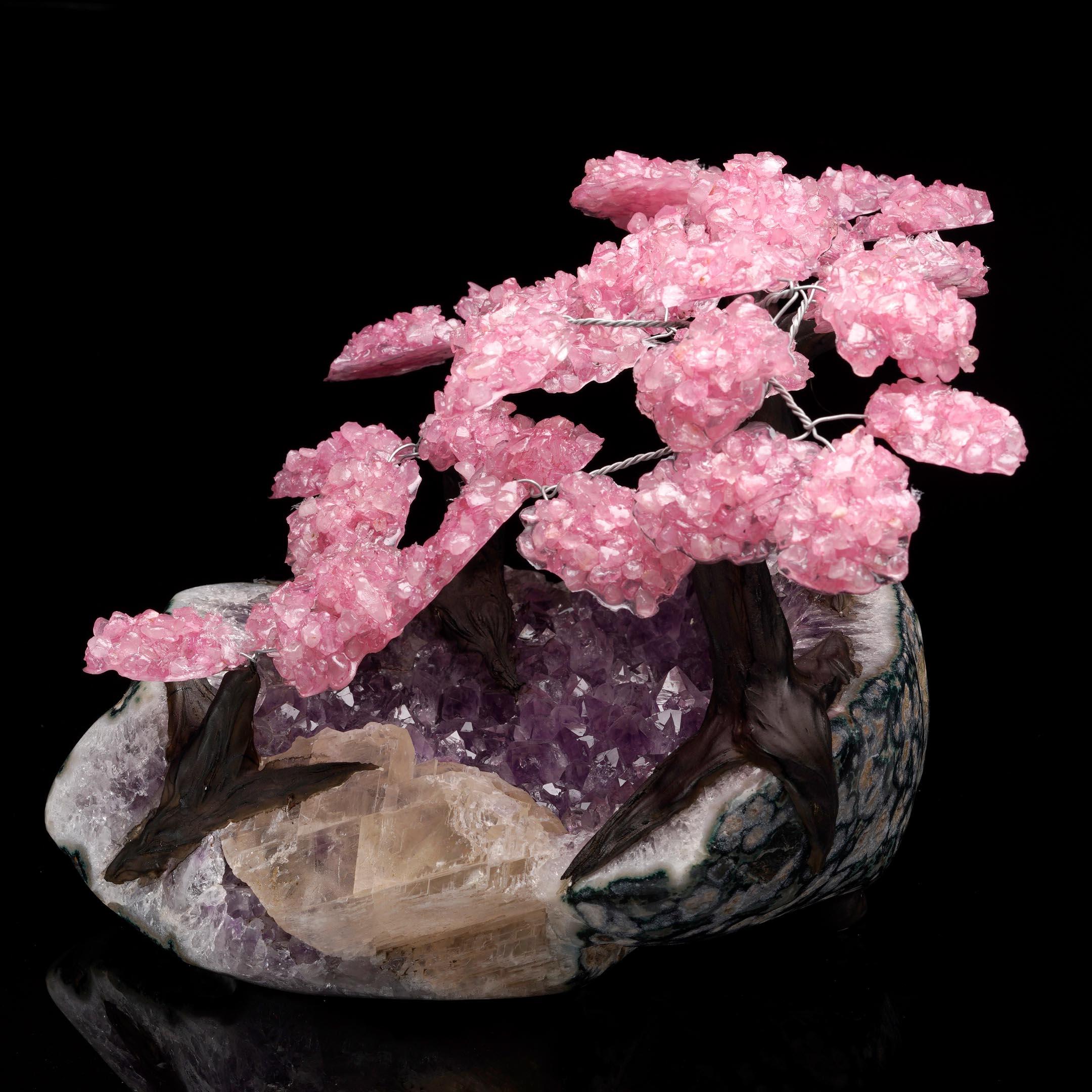 Grandes Árboles de Piedra Preciosa de Cuarzo Rosa sobre Amatista con Selenita en venta 1