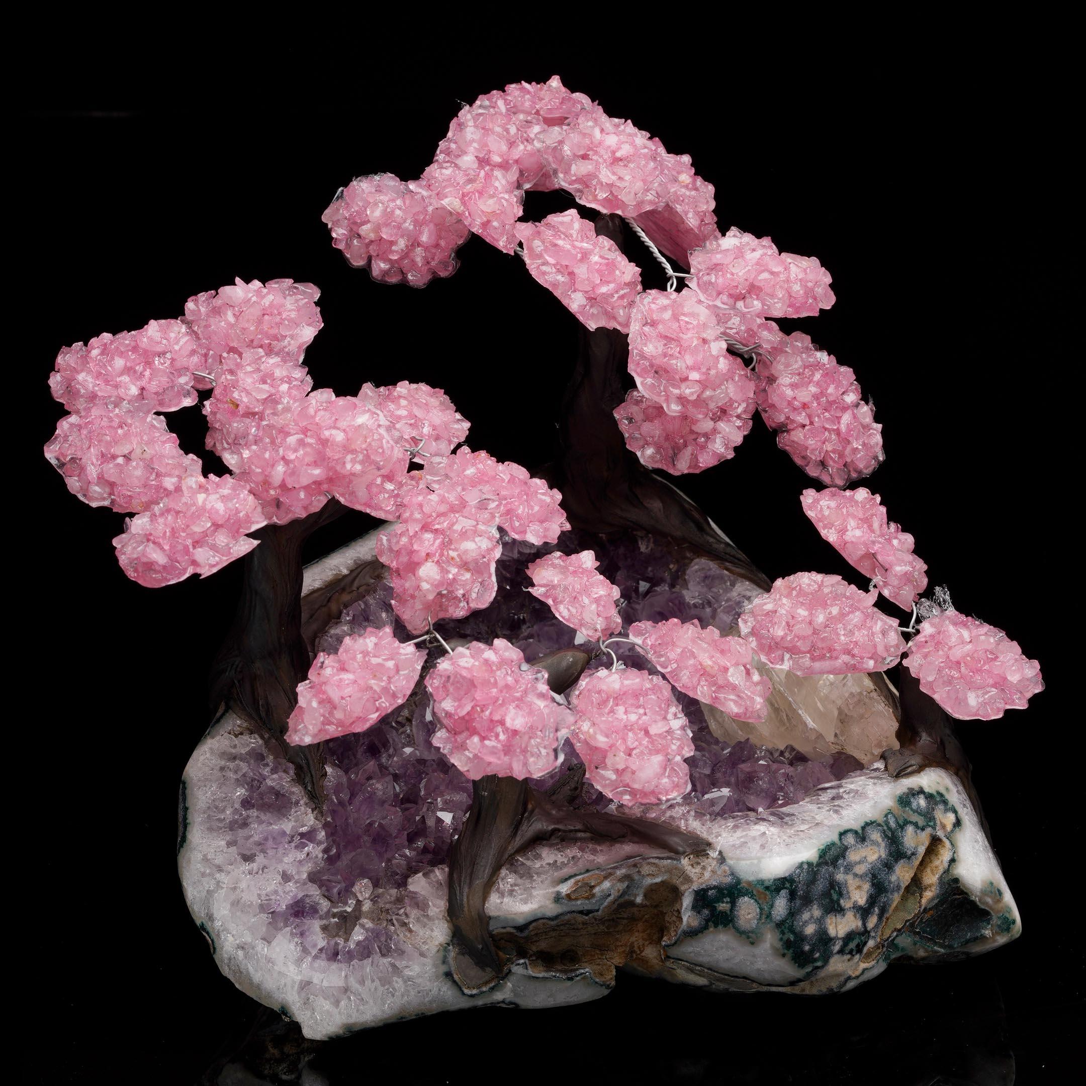 Grandes Árboles de Piedra Preciosa de Cuarzo Rosa sobre Amatista con Selenita en venta 2