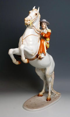 Große Rosenthal Art Déco Porzellanfigur Reiterin auf aufziehendem Pferd von Hugo Meisel