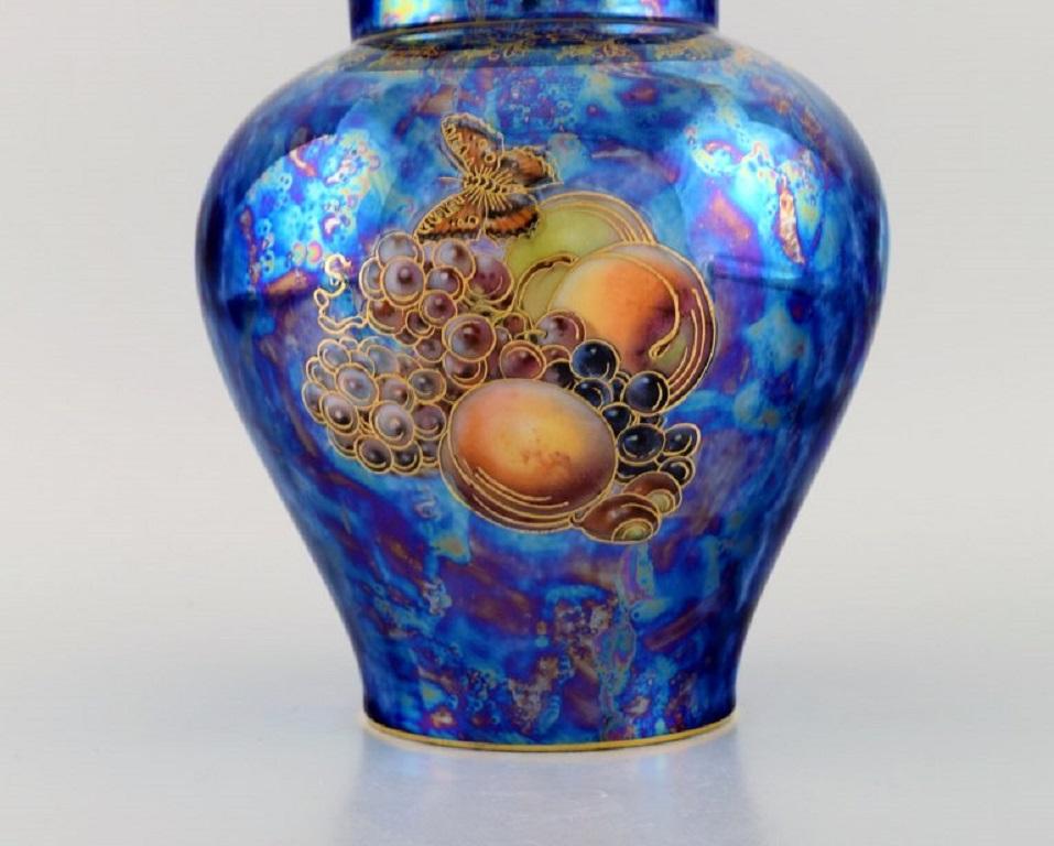 Art Nouveau Large Rosenthal Lidded Jar in Blue Glazed Porcelain with Hand-Painted Fruits For Sale