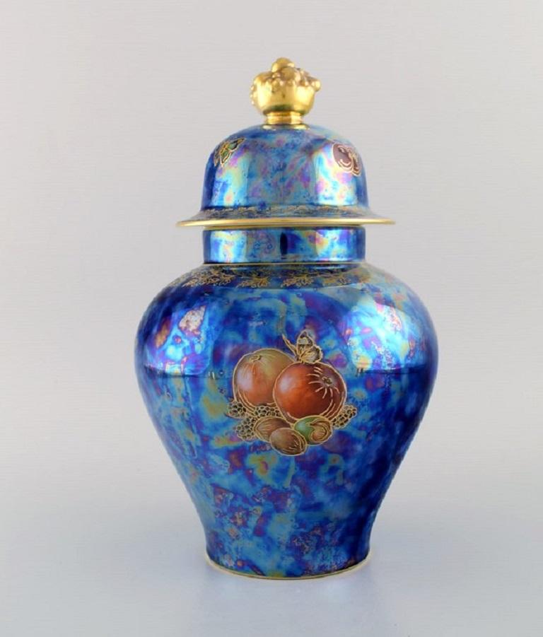 Large Rosenthal Lidded Jar in Blue Glazed Porcelain with Hand-Painted Fruits In Excellent Condition For Sale In Copenhagen, DK