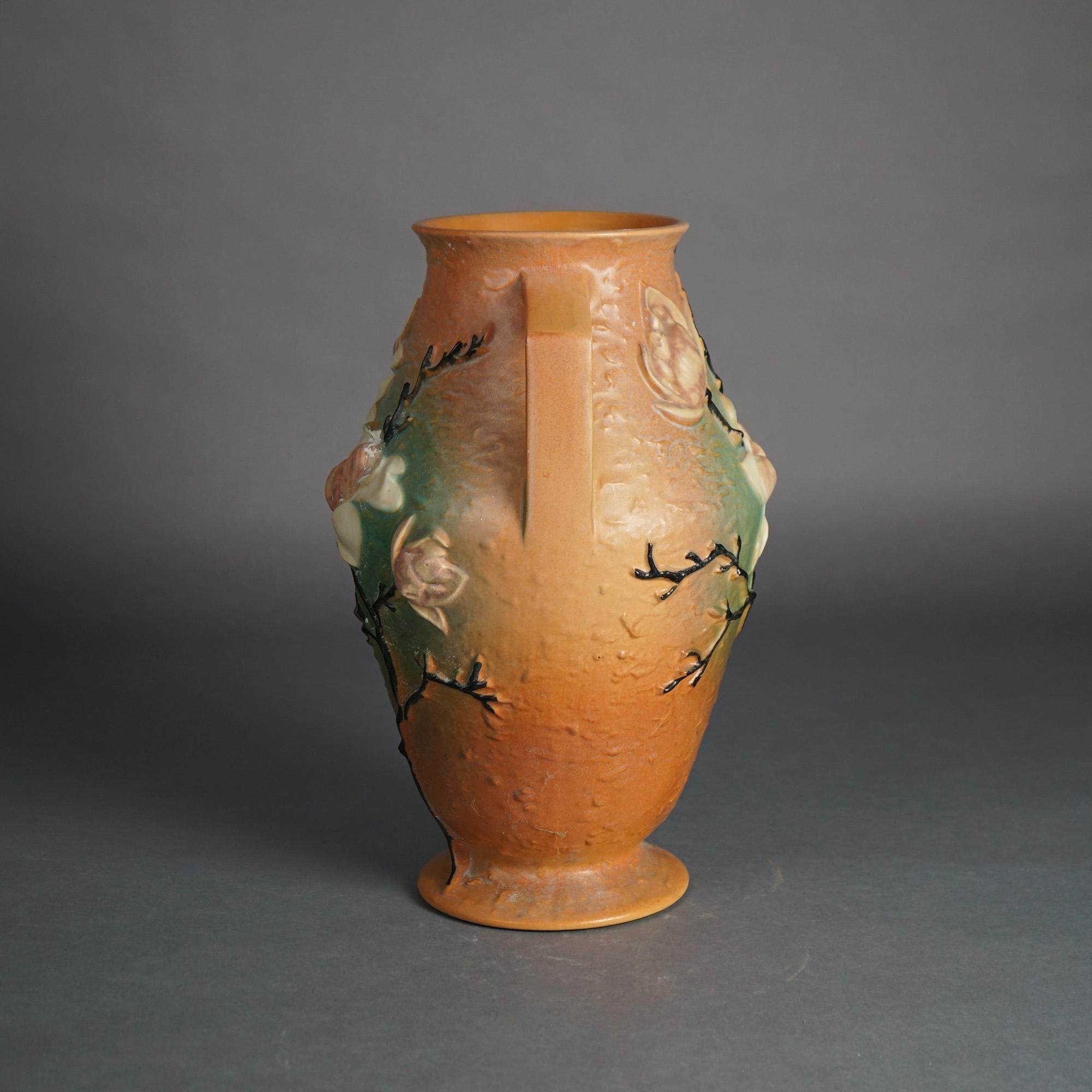 Arts and Crafts Large Roseville Art Pottery Brown Vase With Magnolia Pattern C1940
