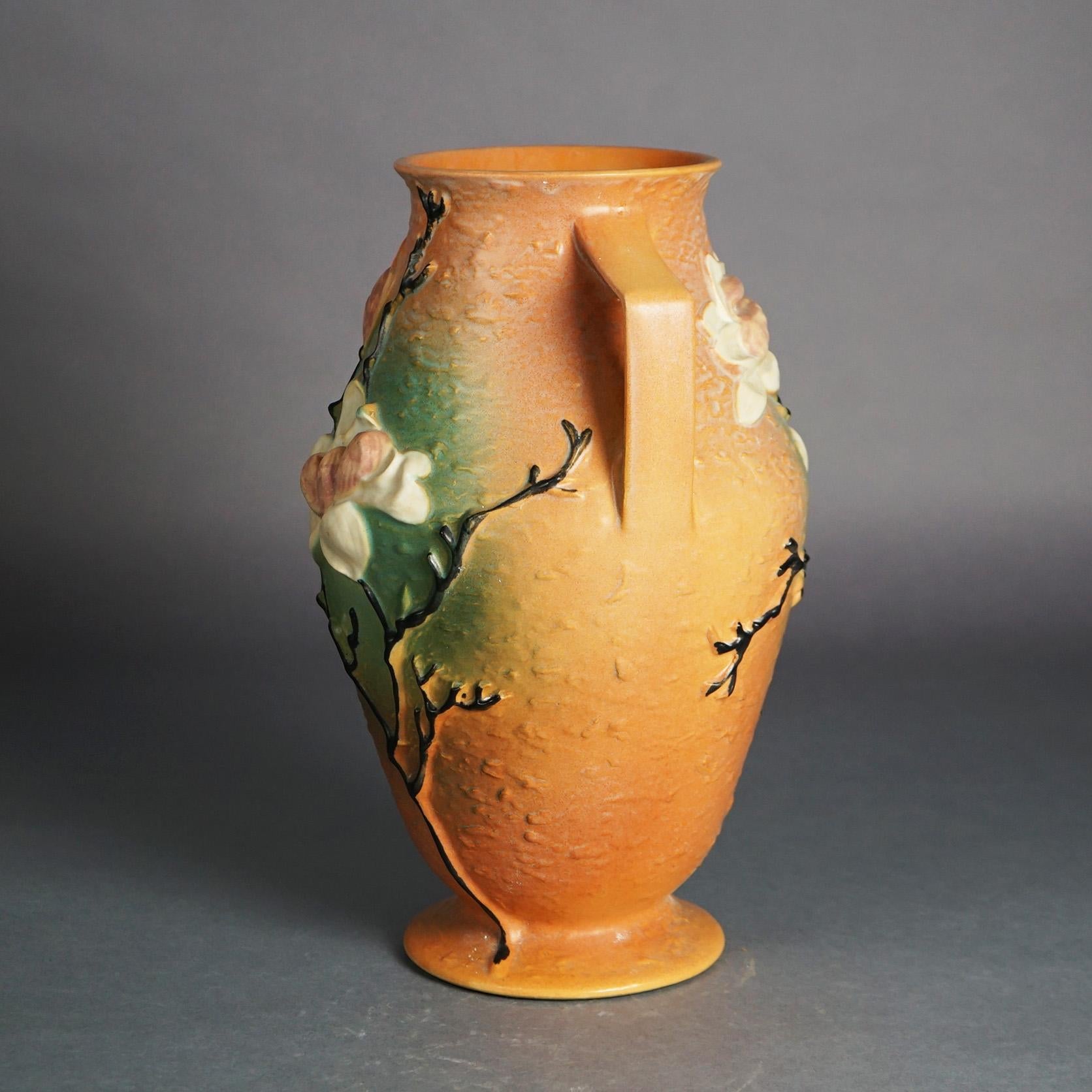 20th Century Large Roseville Art Pottery Brown Vase With Magnolia Pattern C1940