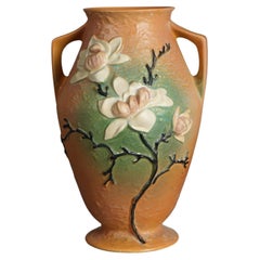 Large Roseville Art Pottery Brown Vase With Magnolia Pattern C1940