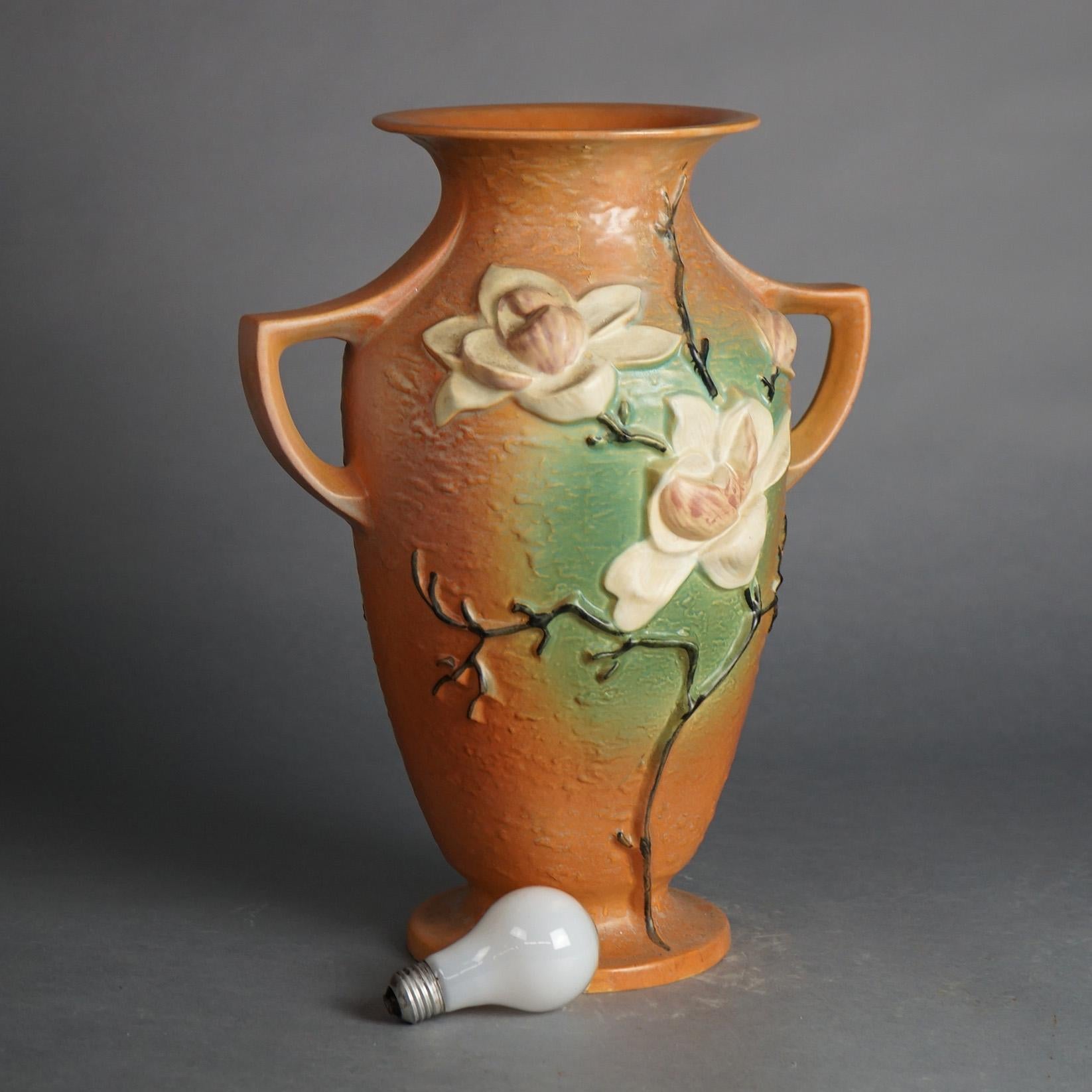 American Large Roseville Art Pottery Double Handled Brown Magnolia Vase C1940