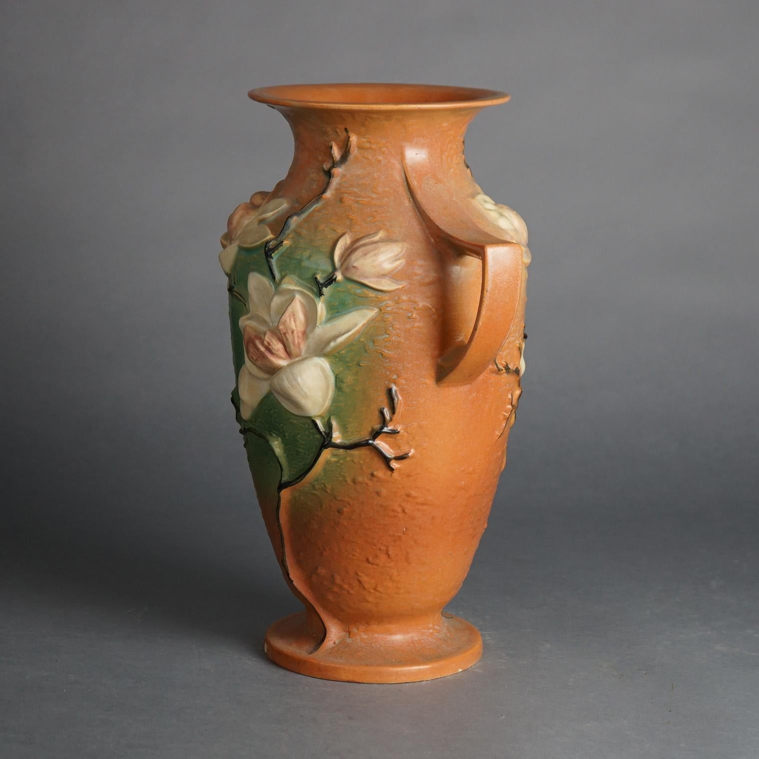 Large Roseville Art Pottery Double Handled Brown Magnolia Vase C1940 In Good Condition In Big Flats, NY