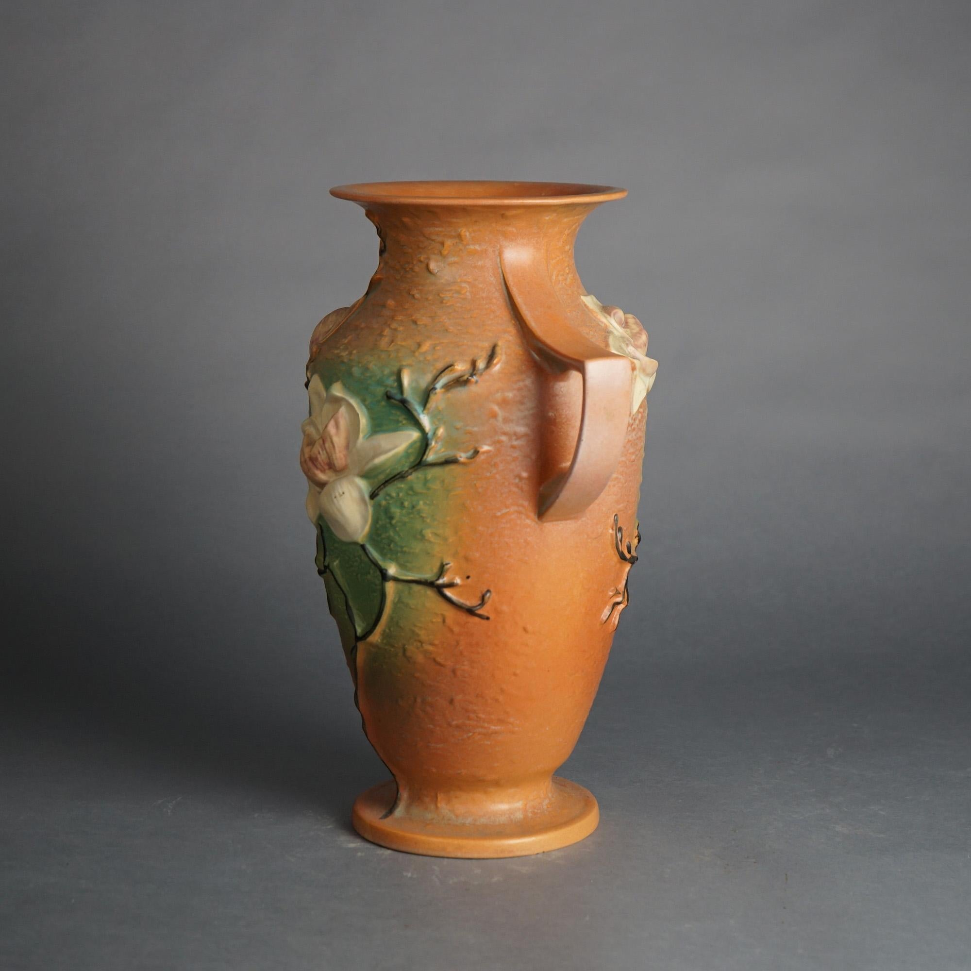 20th Century Large Roseville Art Pottery Double Handled Brown Magnolia Vase C1940