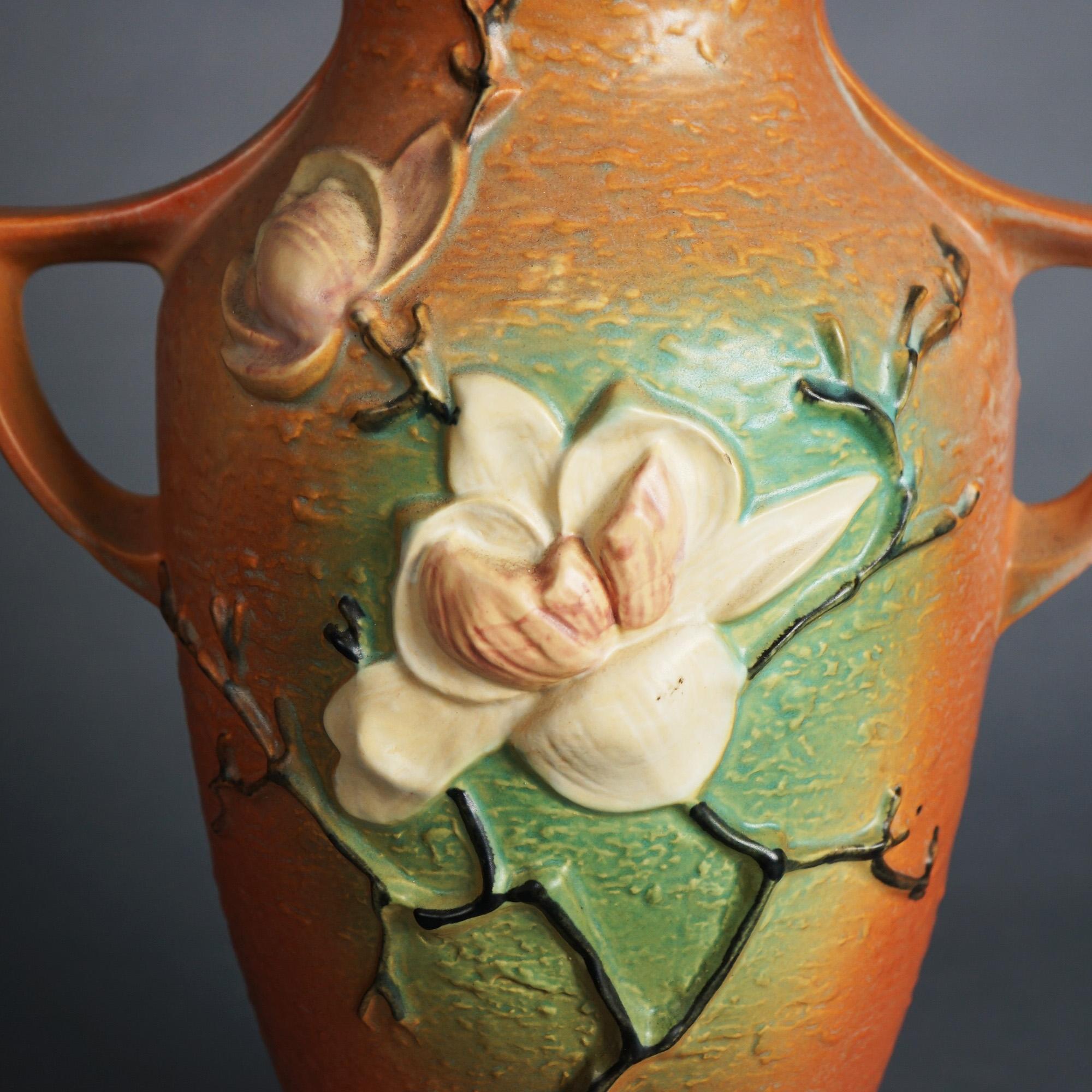 Large Roseville Art Pottery Double Handled Brown Magnolia Vase C1940 1