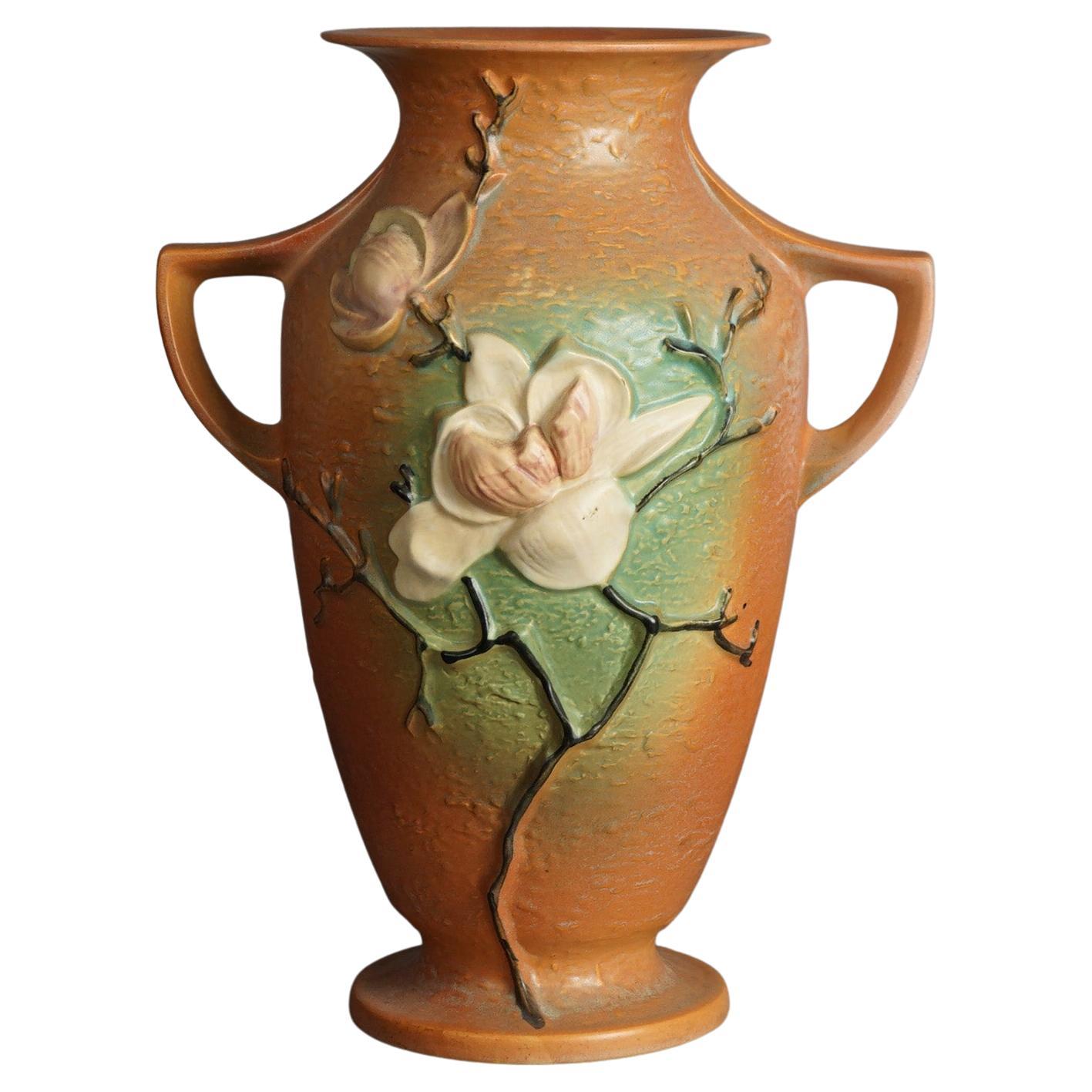 Large Roseville Art Pottery Double Handled Brown Magnolia Vase C1940