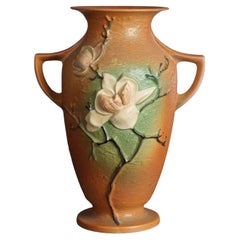 Vintage Large Roseville Art Pottery Double Handled Brown Magnolia Vase C1940