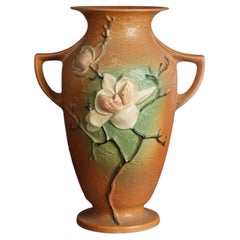 Large Roseville Art Pottery Double Handled Brown Magnolia Vase C1940