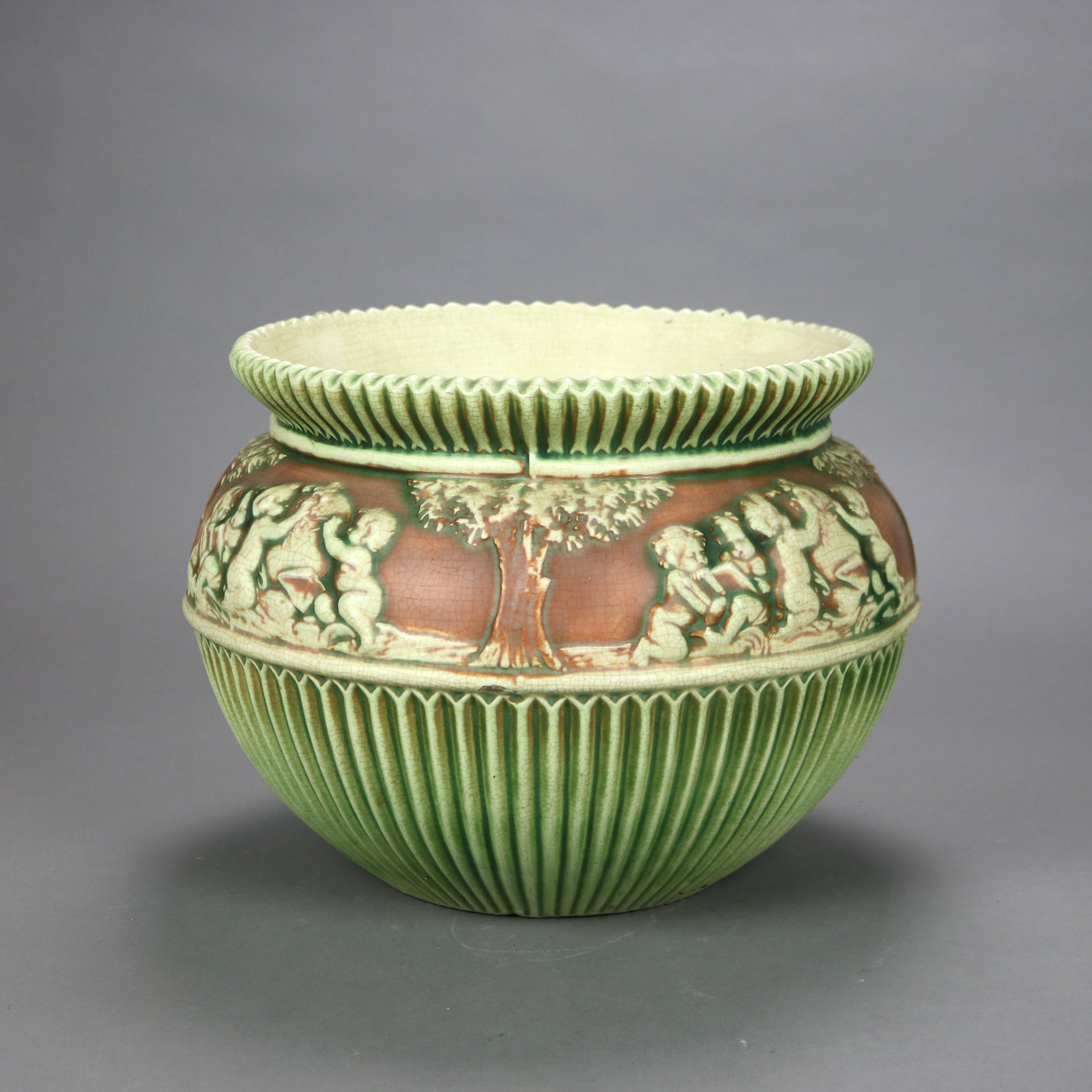 20th Century Large Roseville Art Pottery Green Planter in Donatello Pattern Mid 20thC