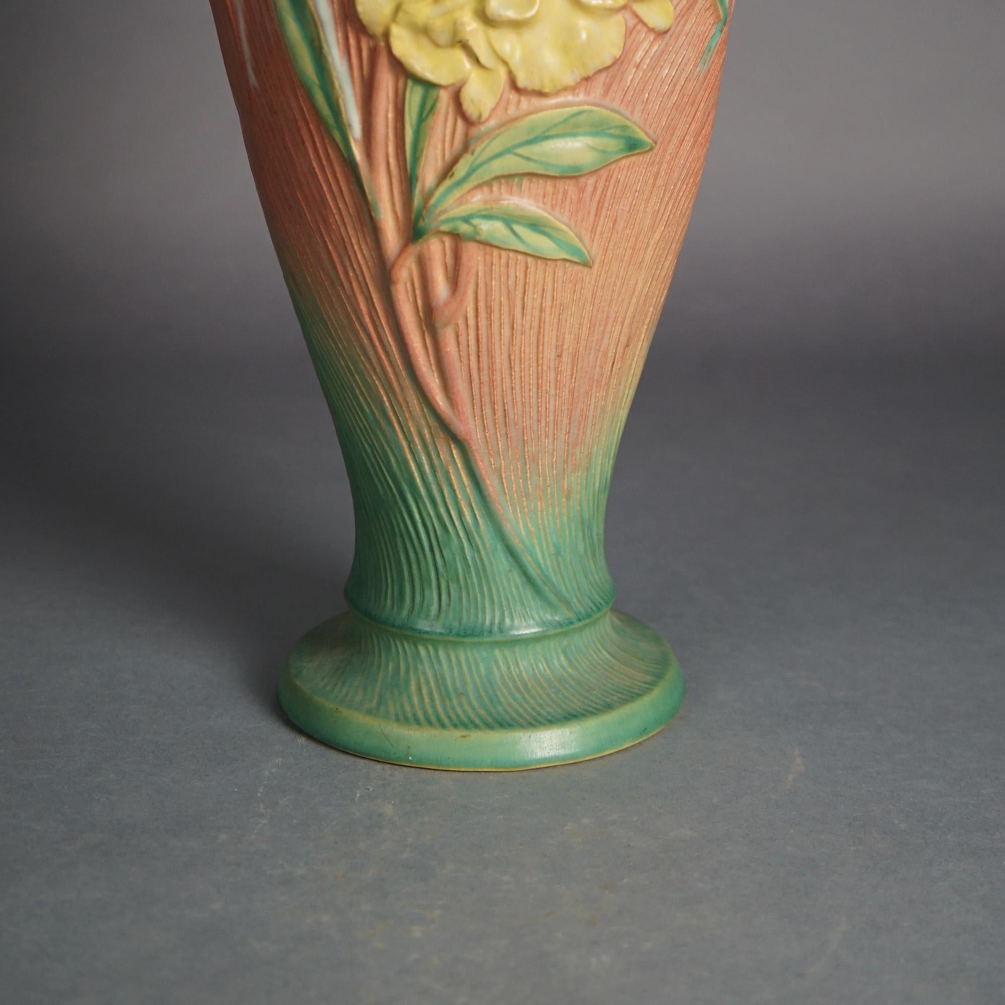 Large Roseville Art Pottery Handled Pink Vase with Yellow Peony Pattern c1942

Measures - 18.5