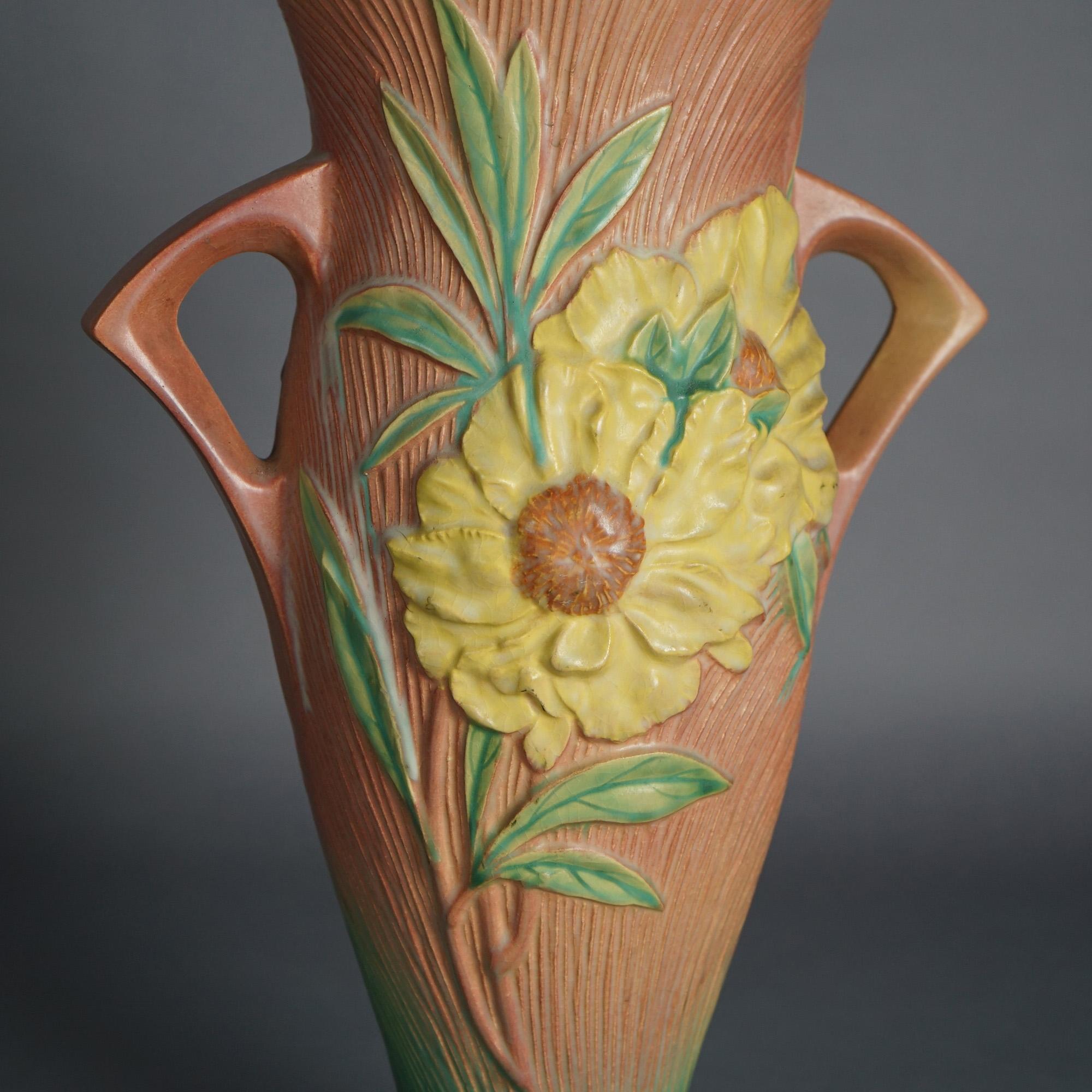 Arts and Crafts Large Roseville Art Pottery Handled Pink Vase with Yellow Peony Pattern c1942
